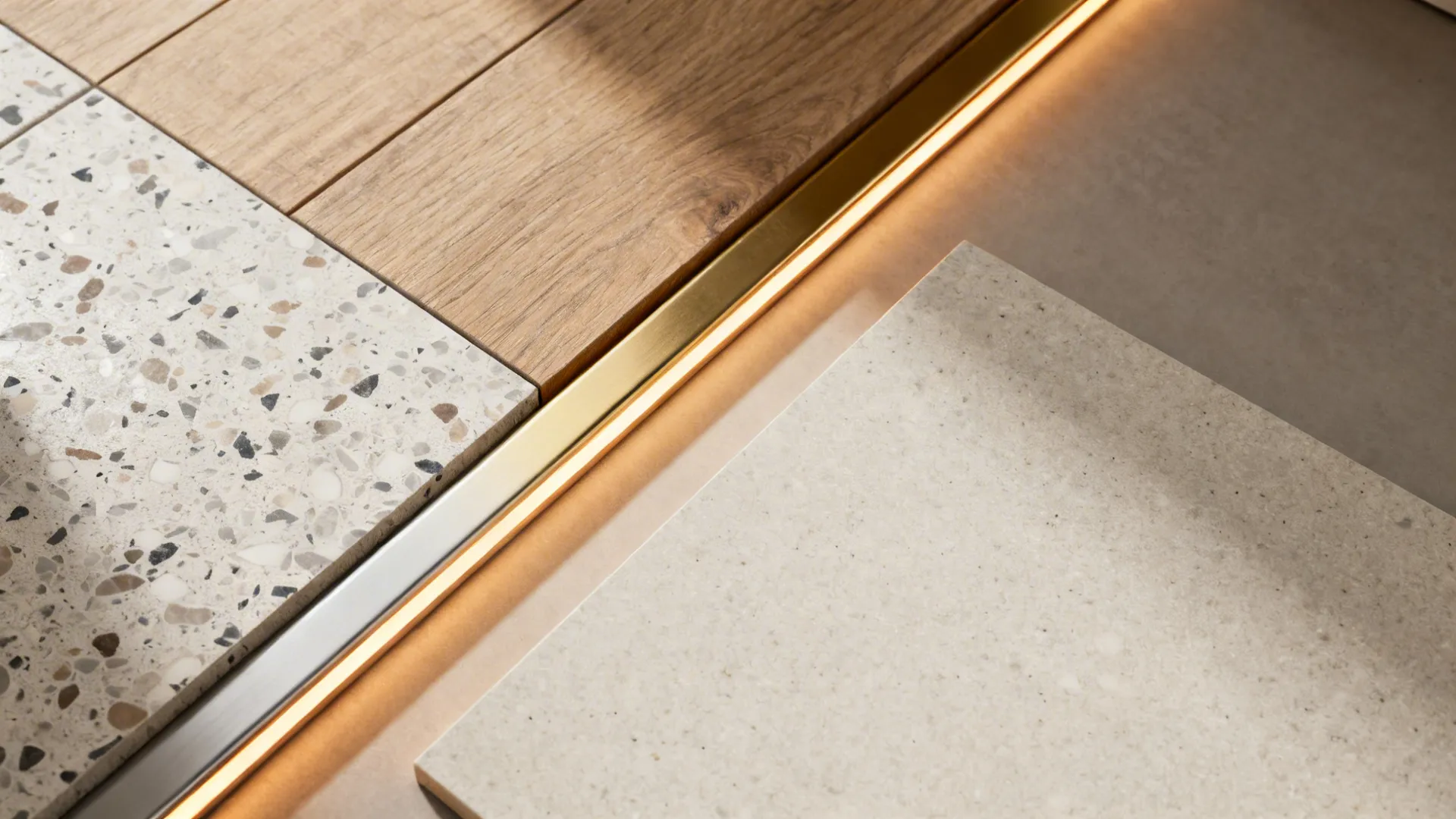 Flat lay of terrazzo, wood, metal trim, warm LED, and quartz for a kitchen threshold.