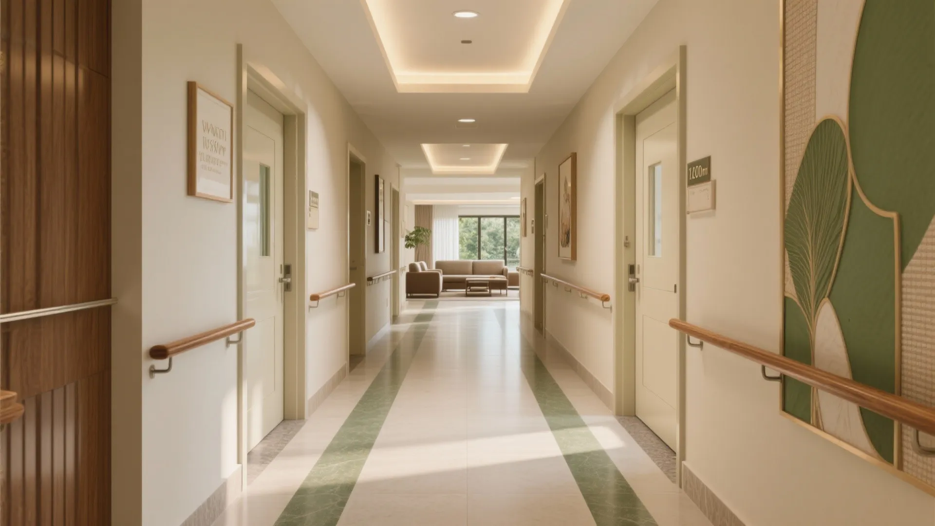 Modern bright hallway with white doors wooden handrails green floor stripes and a distant sofa