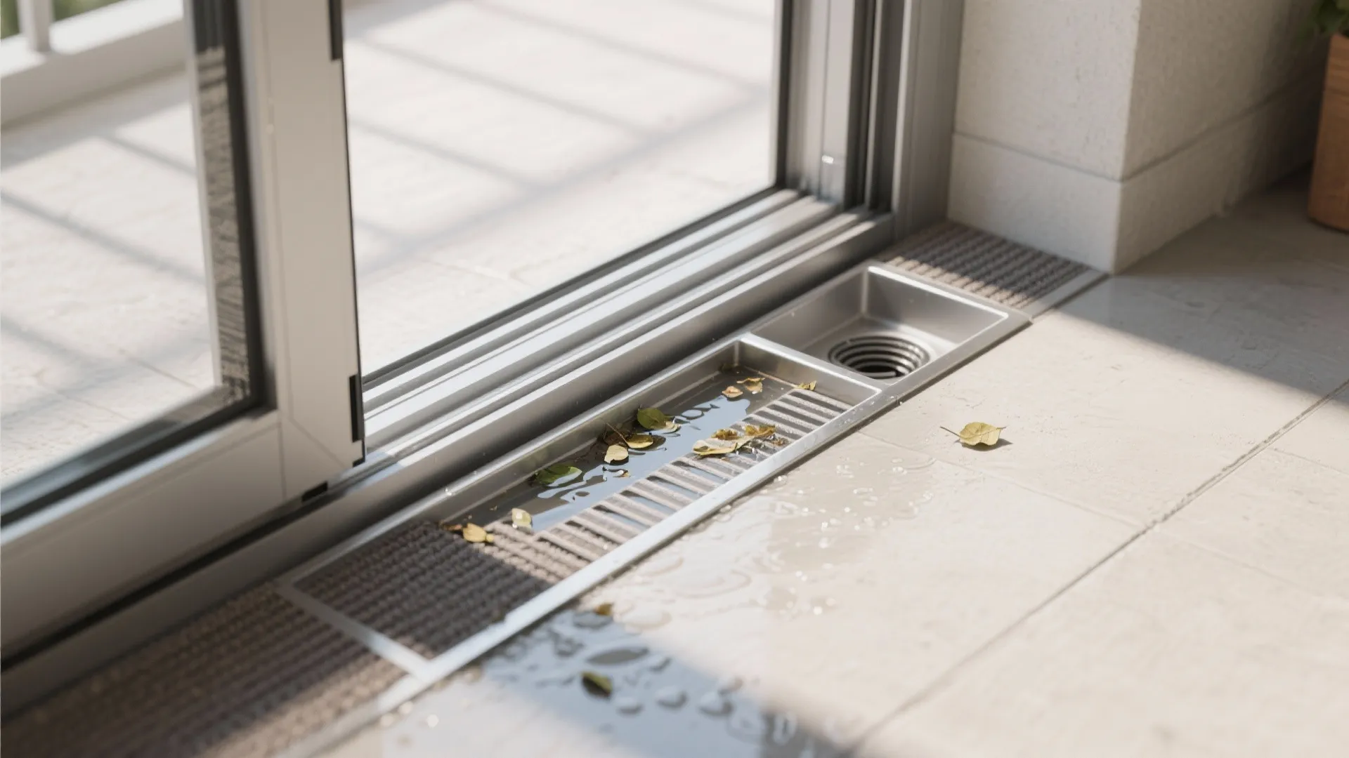 4) Hidden gutters and threshold trays near the door