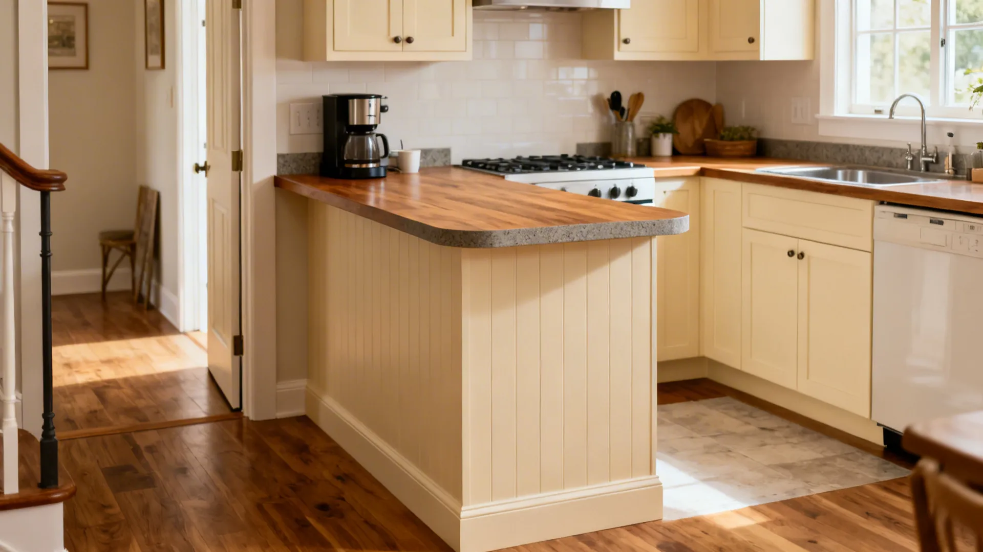 Half-height island at a kitchen entrance creating a subtle zone with an overhang.