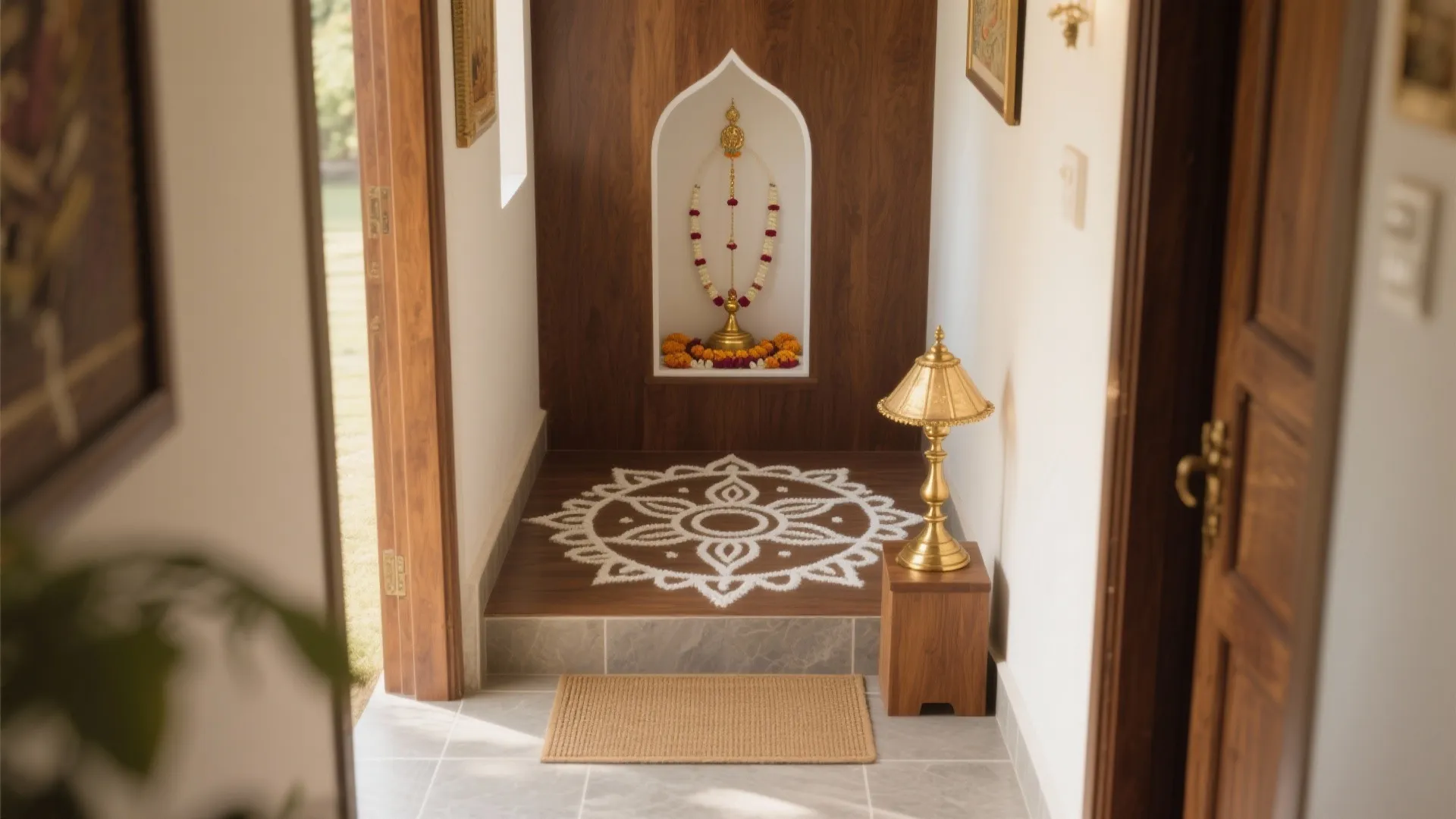 Threshold Kolam Layers with Brass and Wood Accents