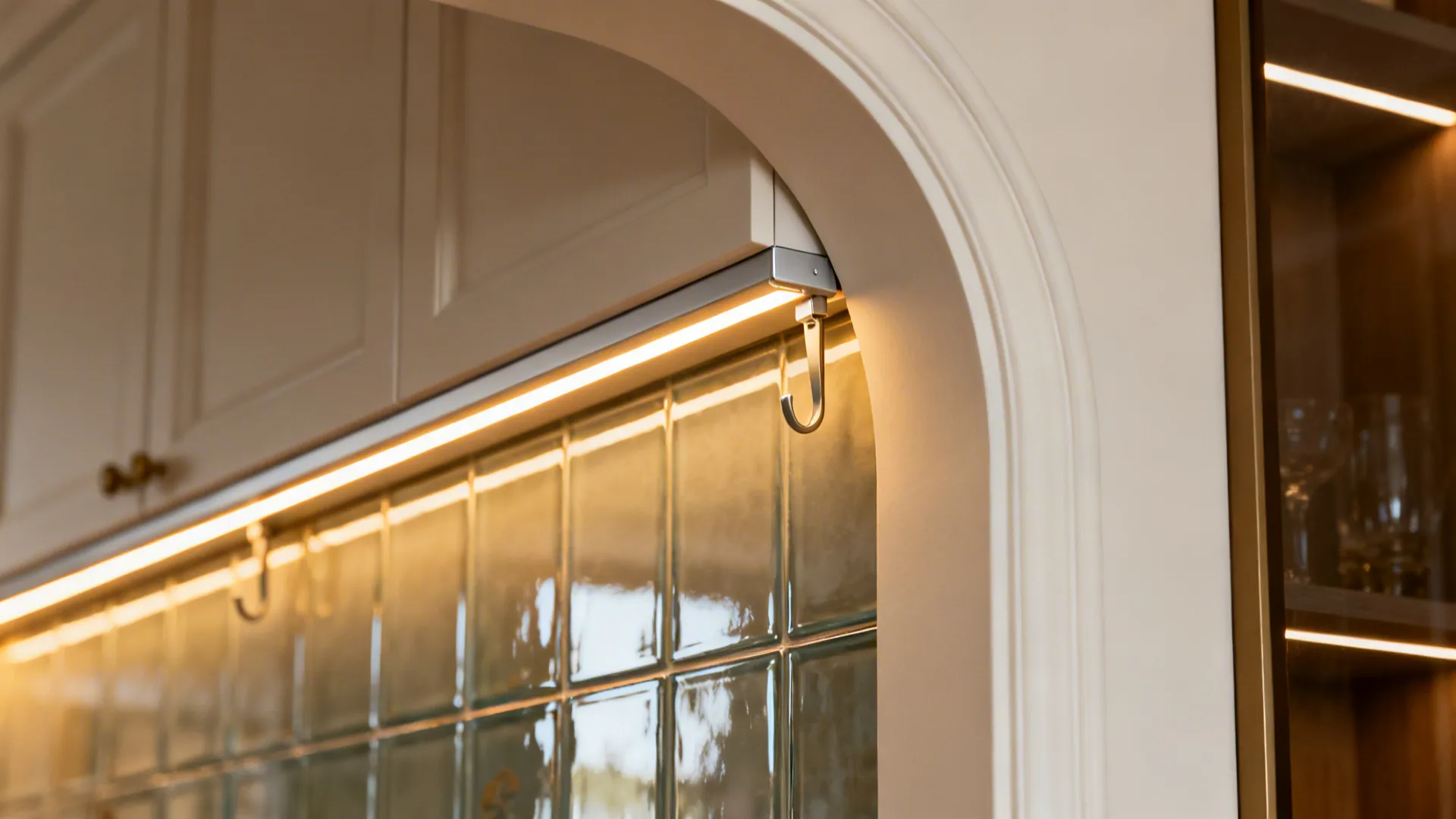 Close-up of warm LED profile lighting on a kitchen jamb with discreet toran hooks.