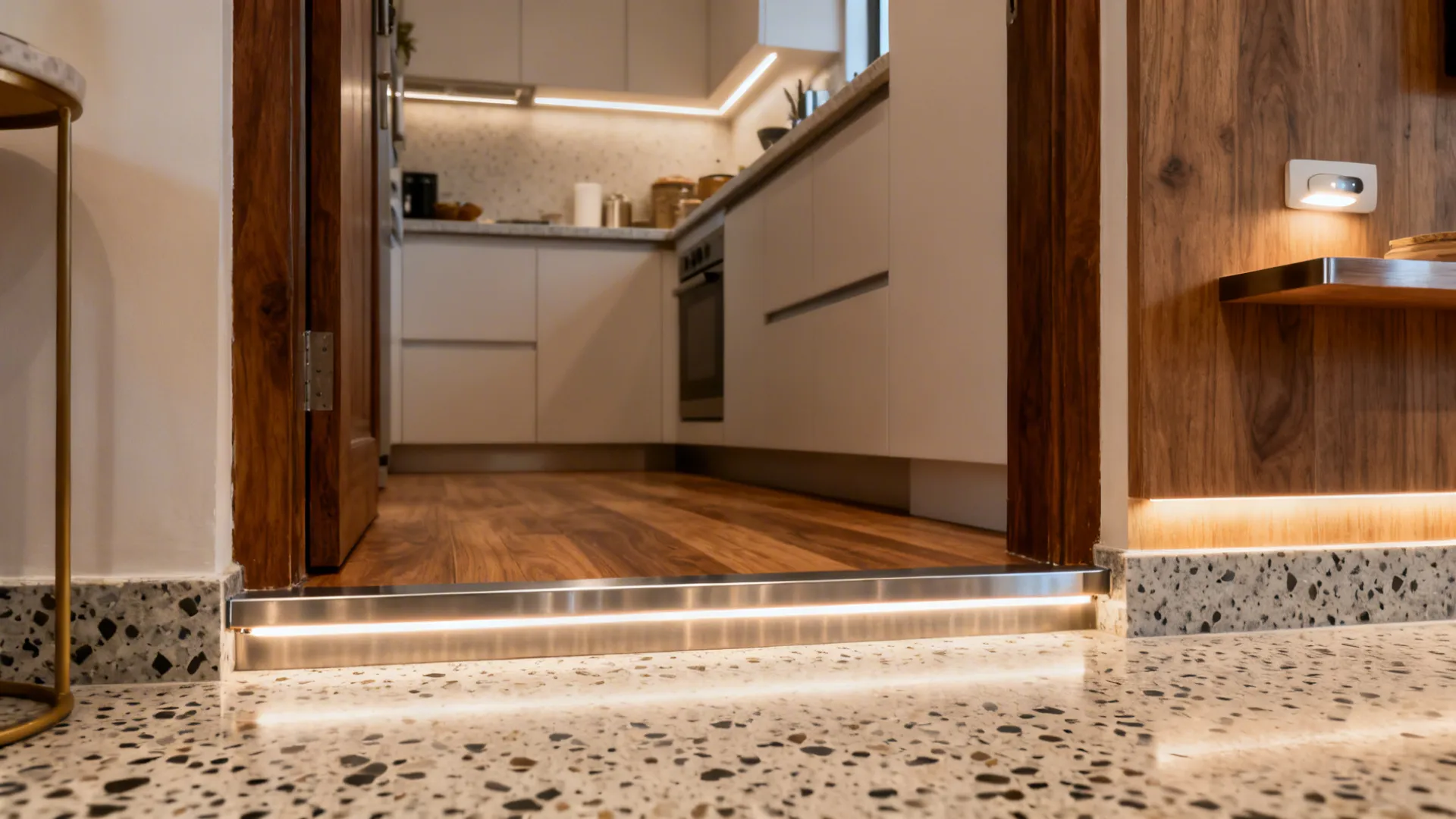 Terrazzo-to-wood kitchen threshold with warm LED skirting light and metal trim.