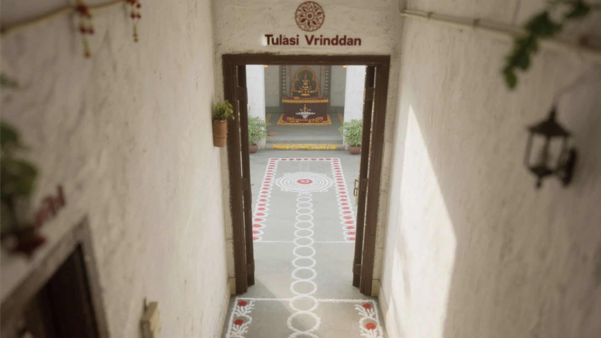 Open wooden doorway leading to a decorated courtyard with white floor patterns and wall light