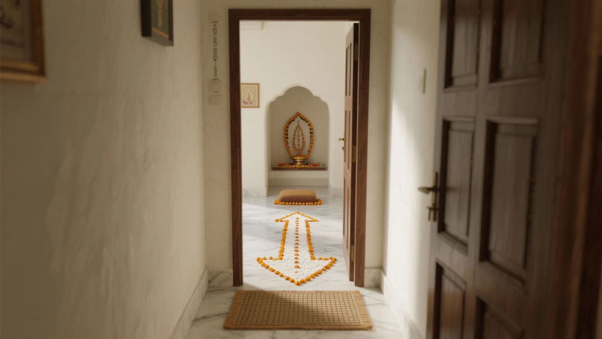 Slim arrowed rangoli at a doorway guiding toward a compact pooja room.