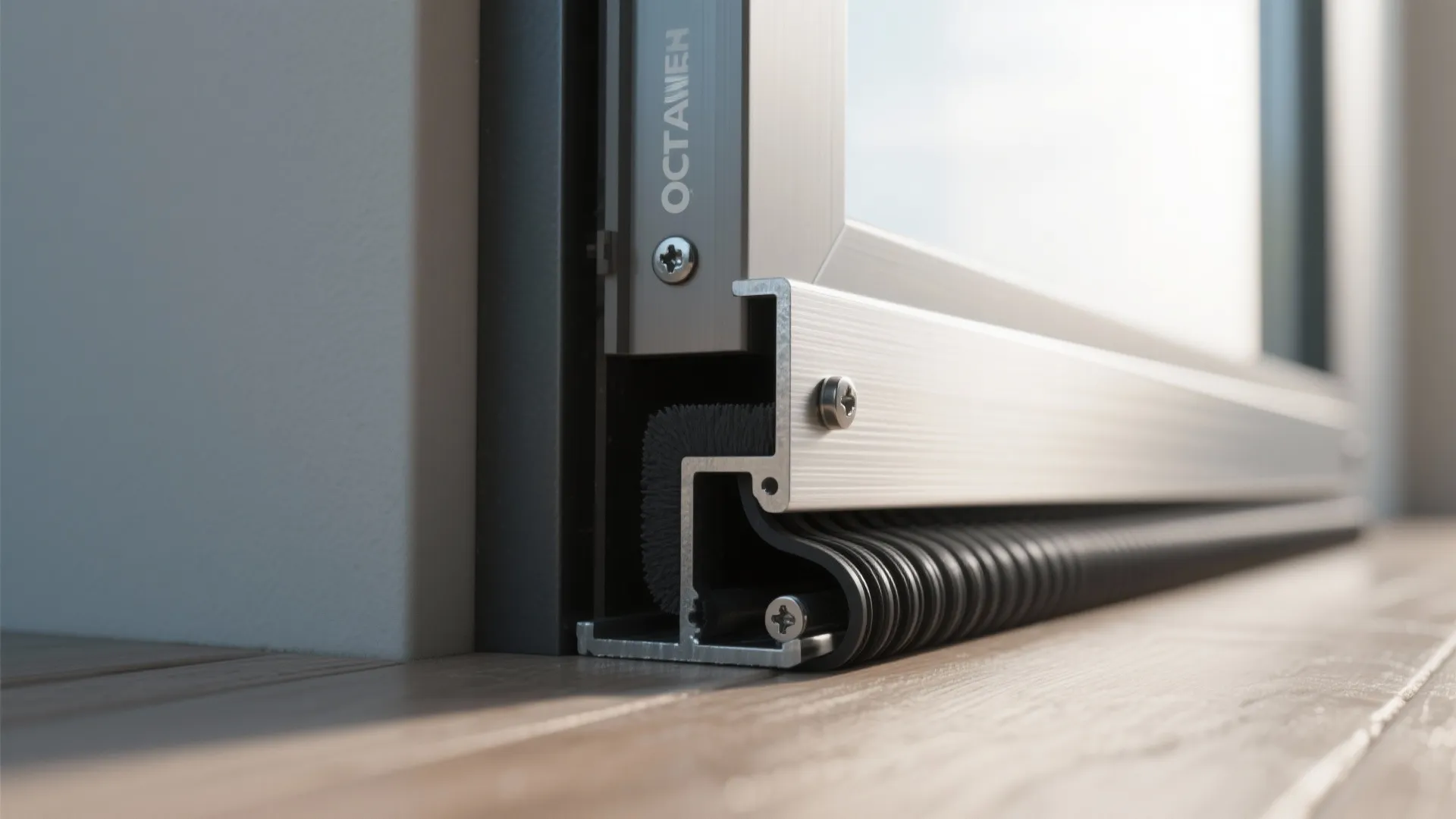 Close-up of an aluminum threshold with a compressible rubber sweep neatly installed at the door bottom.