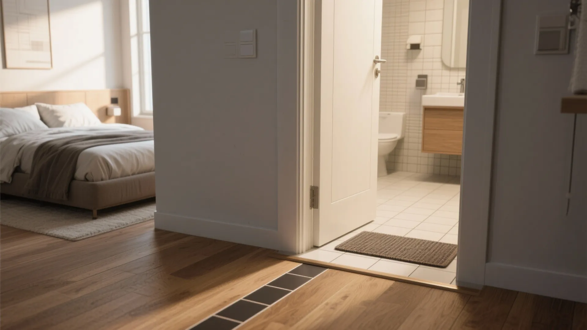 4. Create a visible transition from bedroom to bathroom