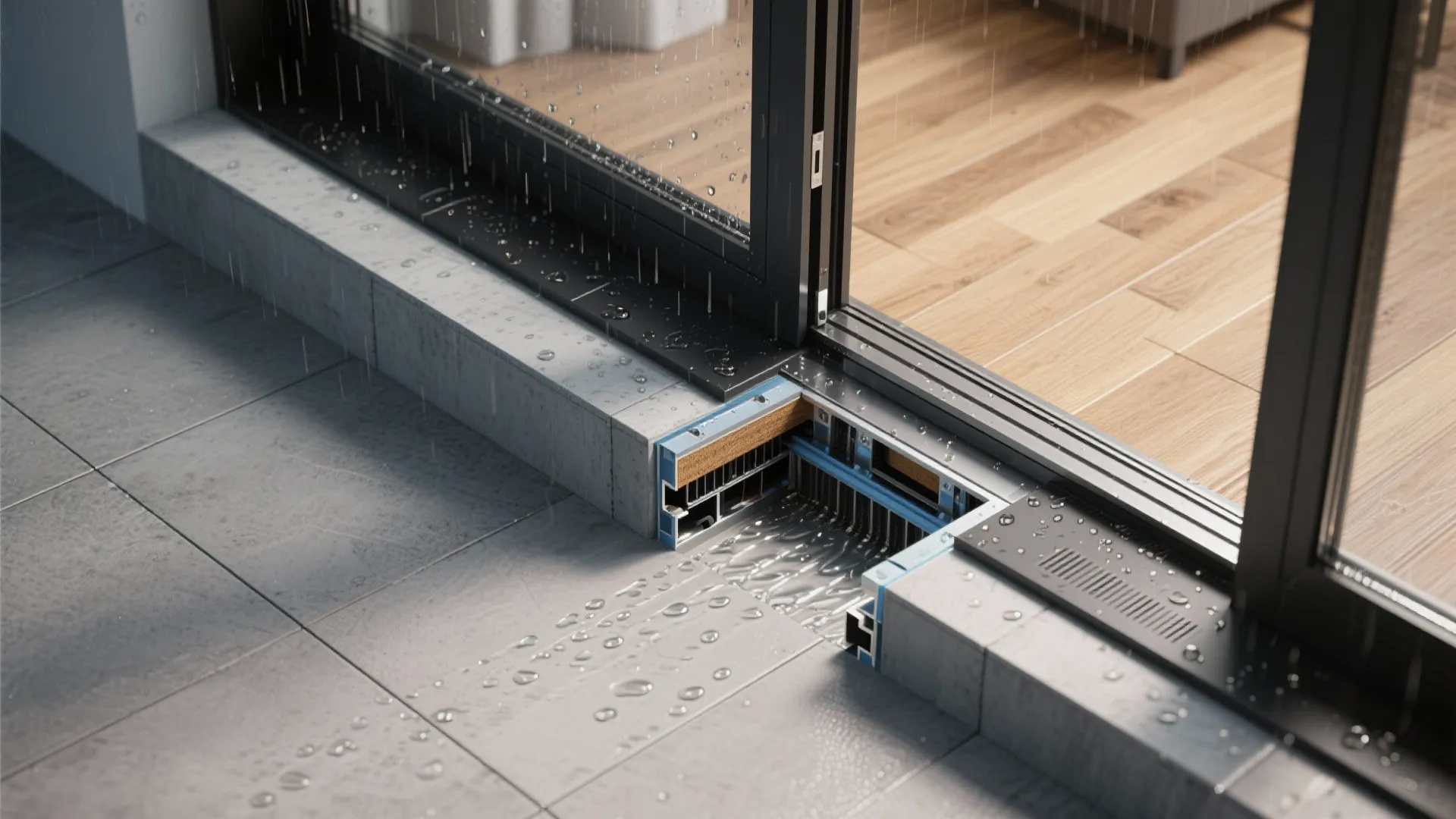 Cross section of sliding door floor track with water drainage during rain on grey outdoor tiles
