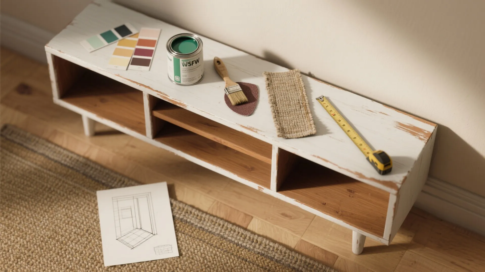White painted wooden cabinet with paint can paint brush measuring tape and interior design drawing