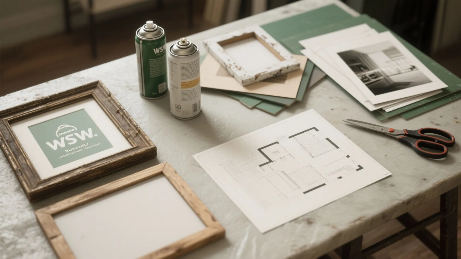 Table with floor plan drawing, wooden picture frames, spray paint cans, and craft tools setup