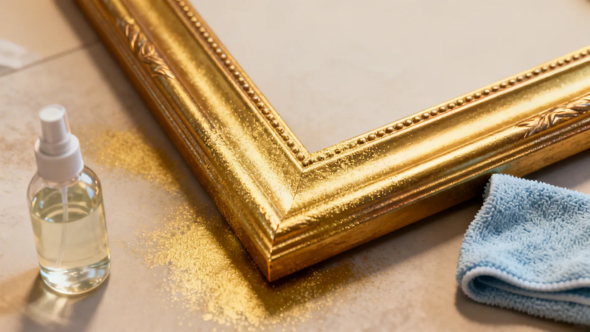 Close-up of a thrifted mirror frame being spray-painted gold with cleaning supplies beside it.