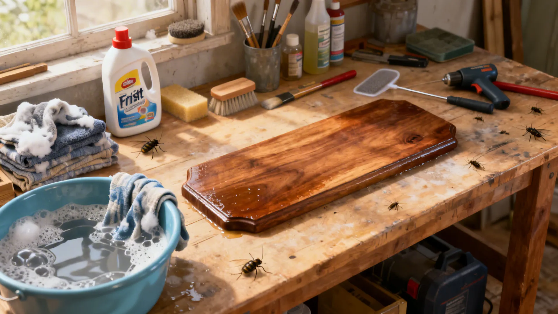 Cleaning and prepping thrifted furniture: washing fabric and sealing wood.