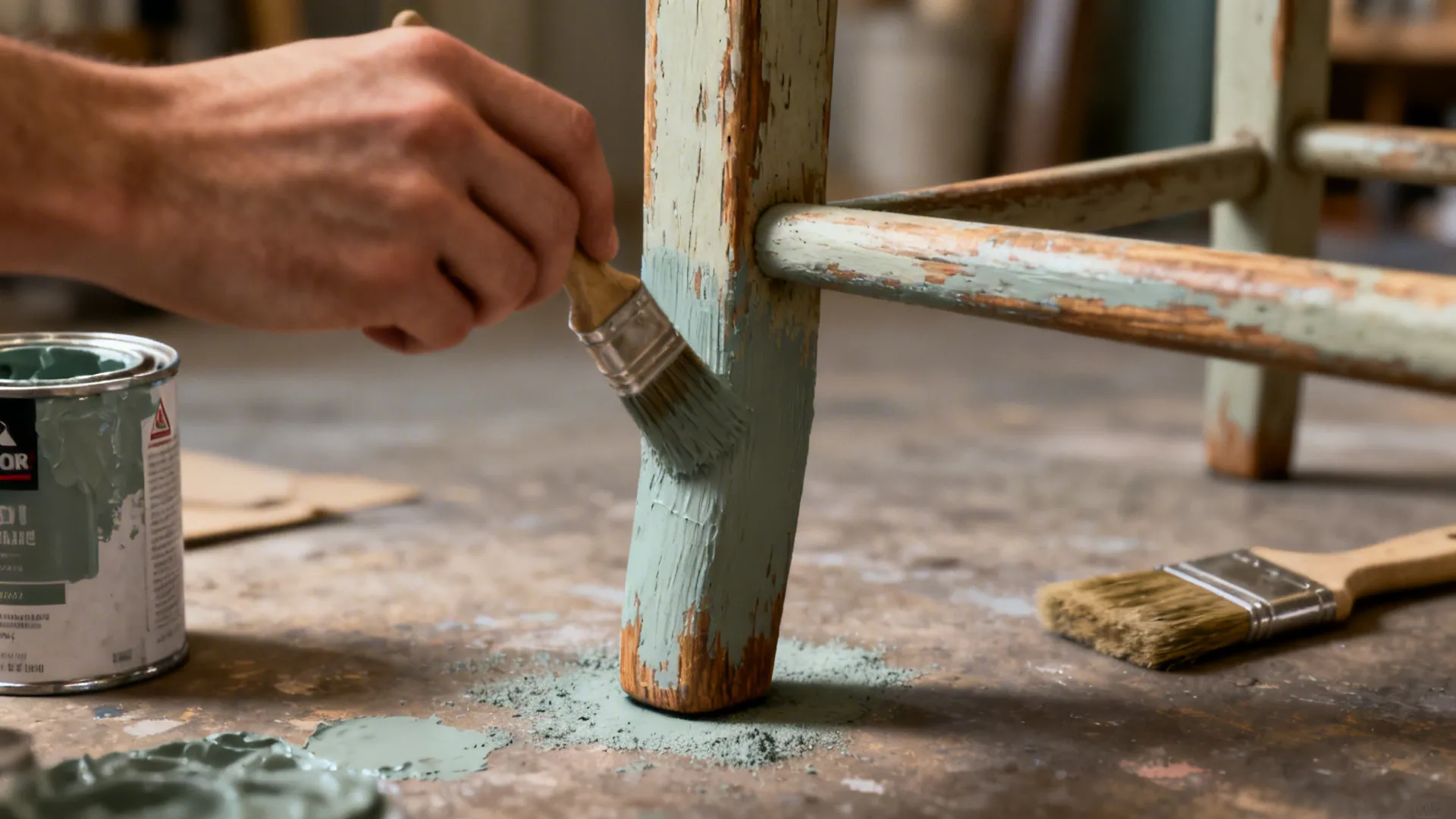 Close-up of repainting a thrifted chair leg during a DIY refresh