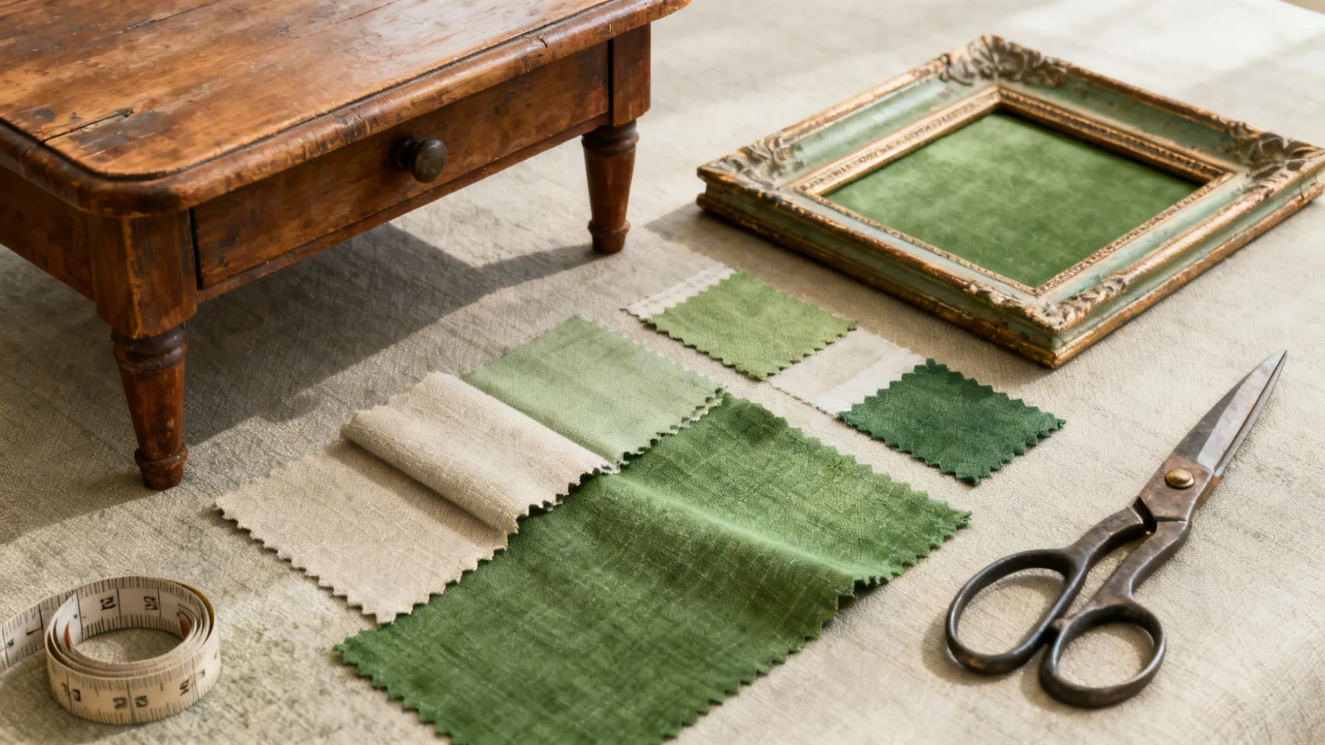 Green fabric samples arranged on a table with scissors measuring tape and small wooden furniture