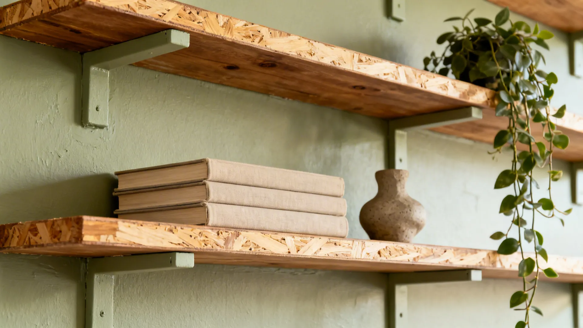 Macro detail of a painted thrifted shelf styled with books, a sculptural object, and a plant, with clean brackets and wood texture.