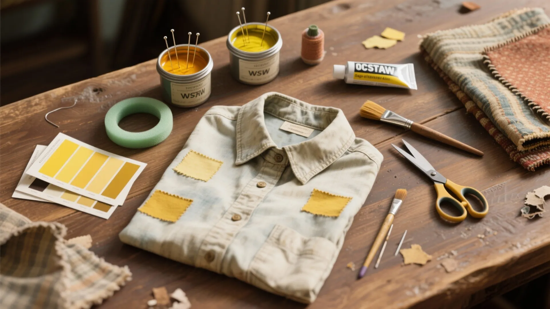 Denim shirt with yellow fabric patches on wooden table with paint cans scissors and brushes
