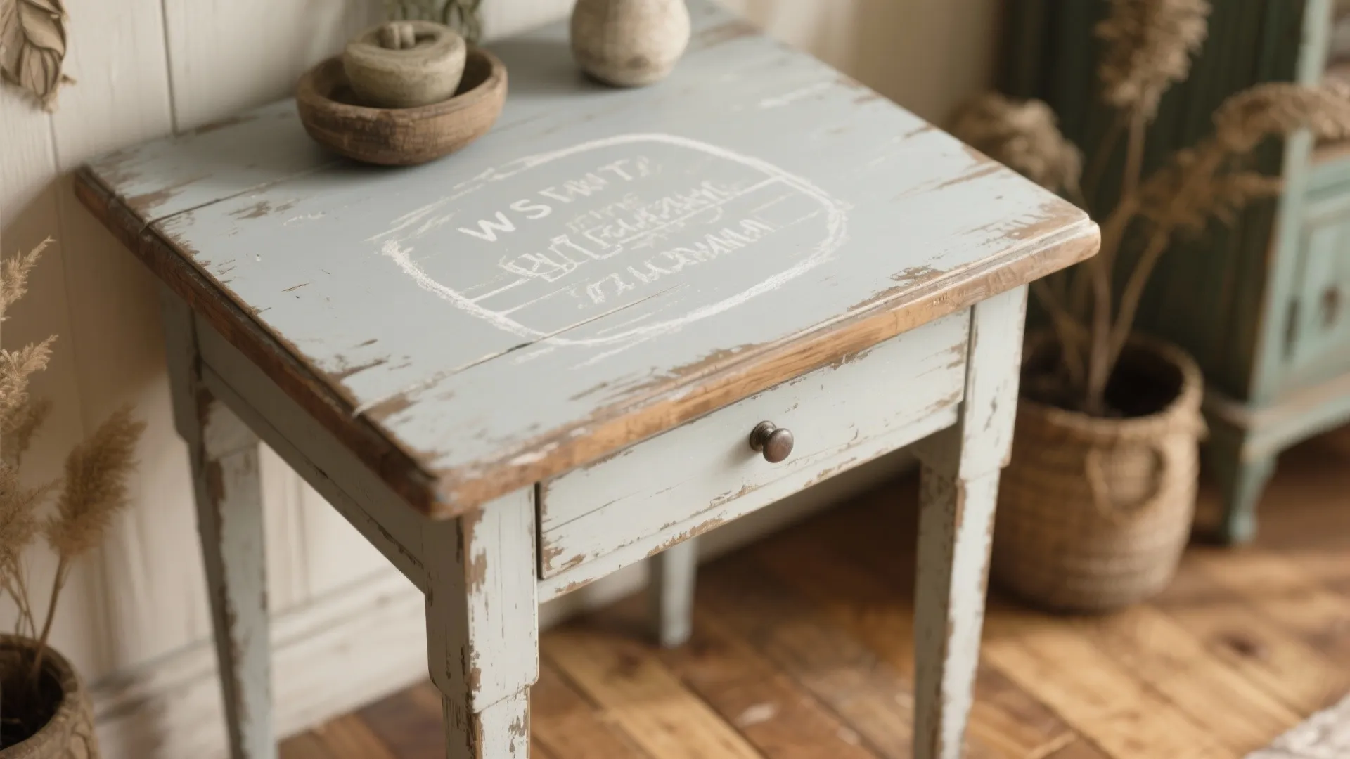 Weathered blue wooden side table with a small drawer and round knob on the floor