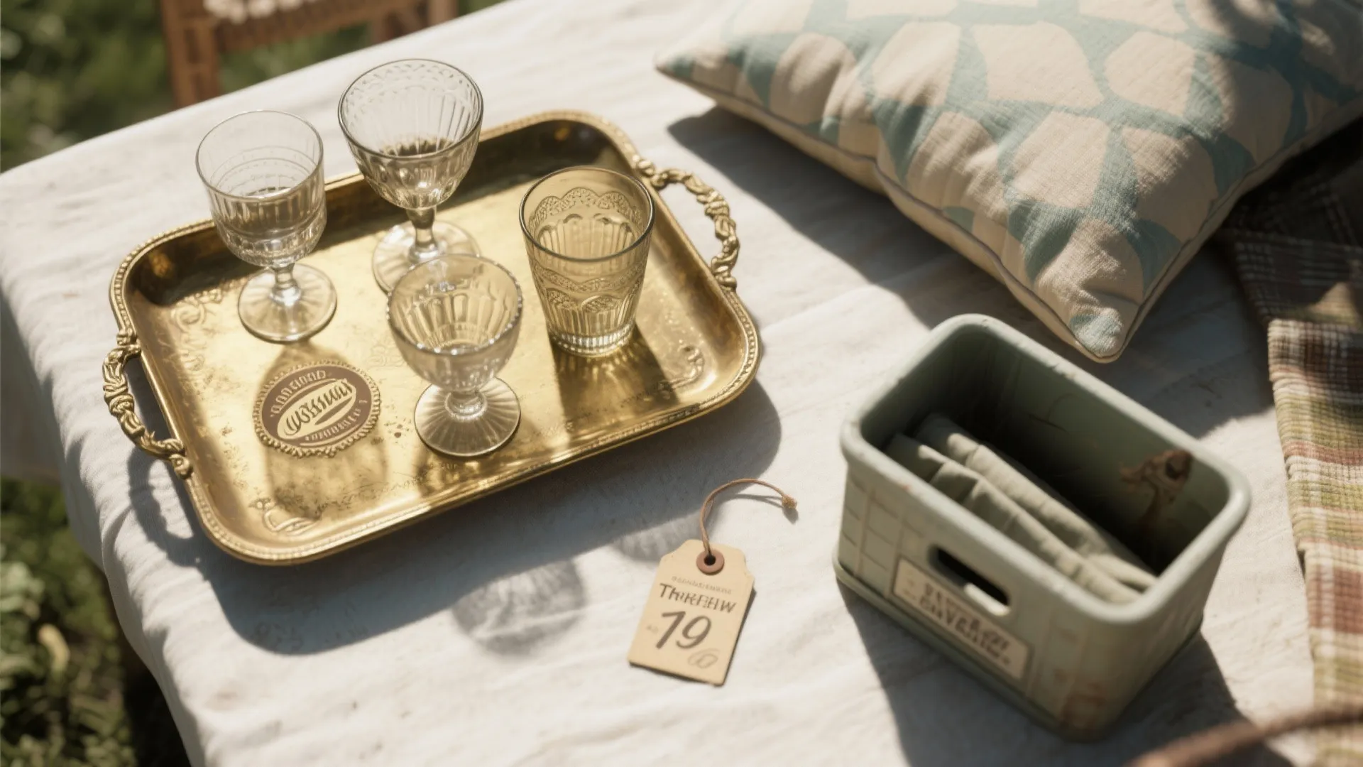 Antique gold tray holding glass cups next to a price tag and a green box