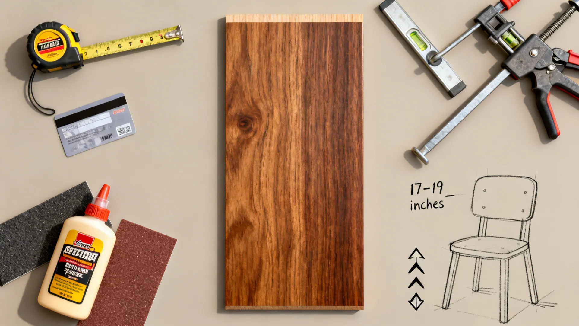 Wood board surrounded by a tape measure glue level and a chair design drawing sketch