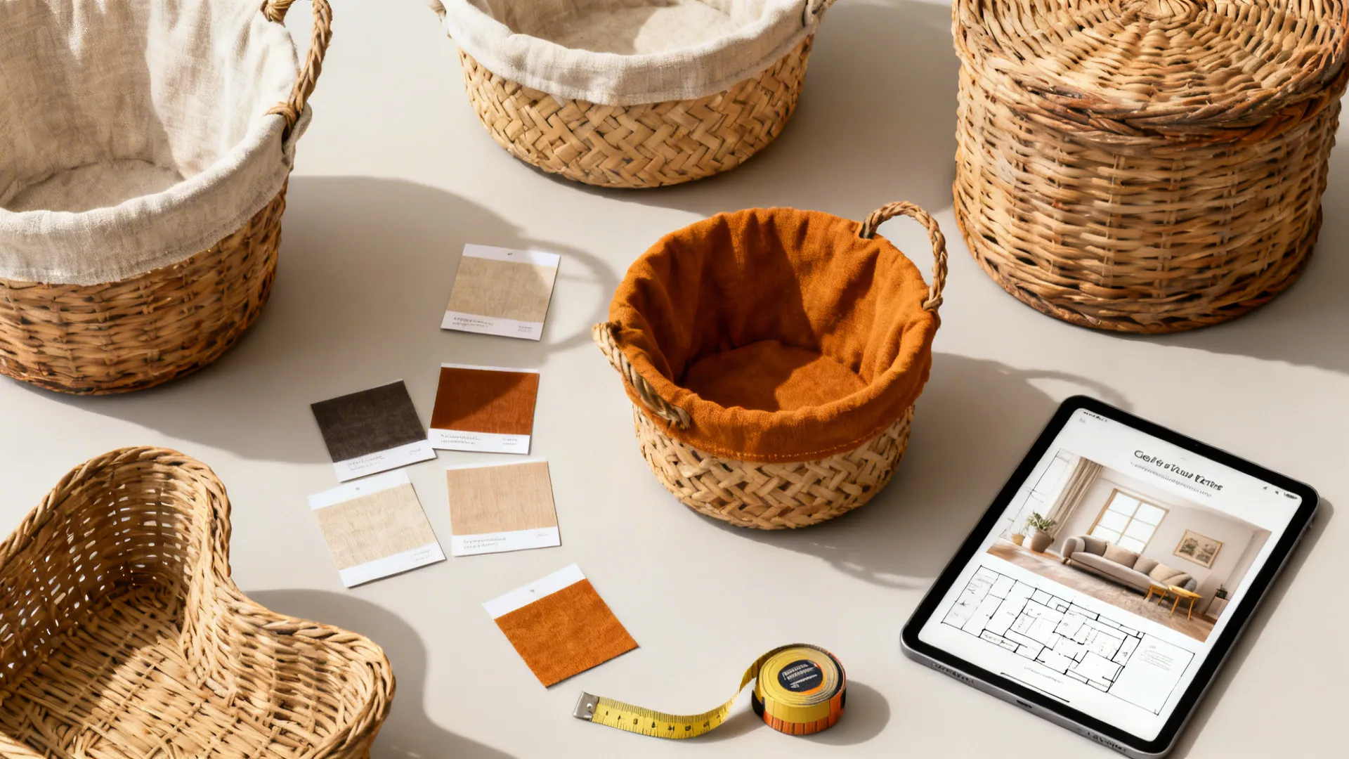 Woven storage baskets with fabric liners fabric color samples measuring tape and a digital tablet