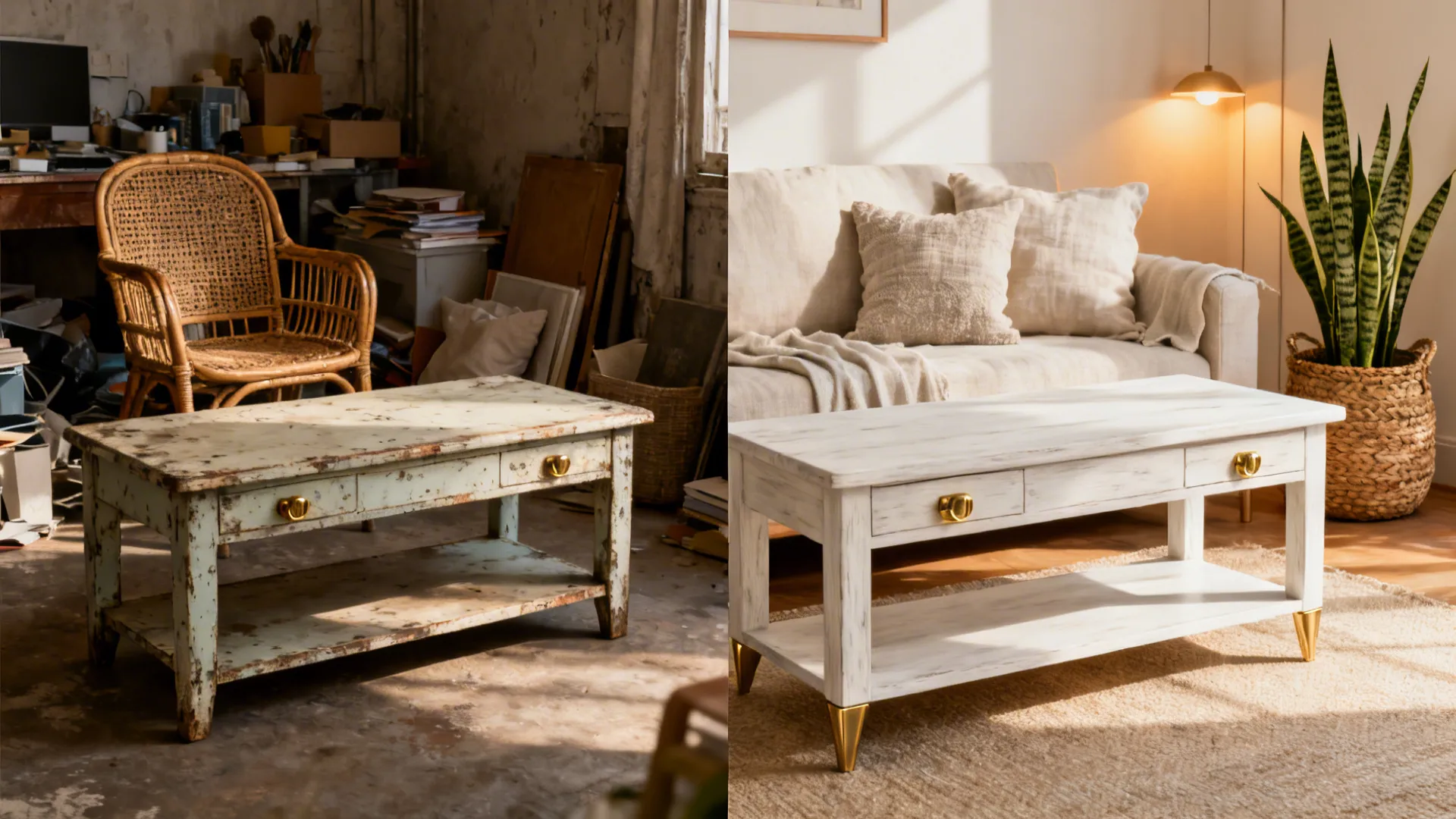 Before-and-after transformation of thrifted furniture updated with whitewash, new hardware, and coastal styling.