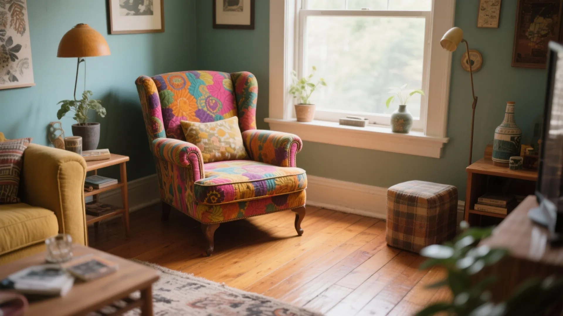Vibrant reupholstered thrifted armchair in a bright living room
