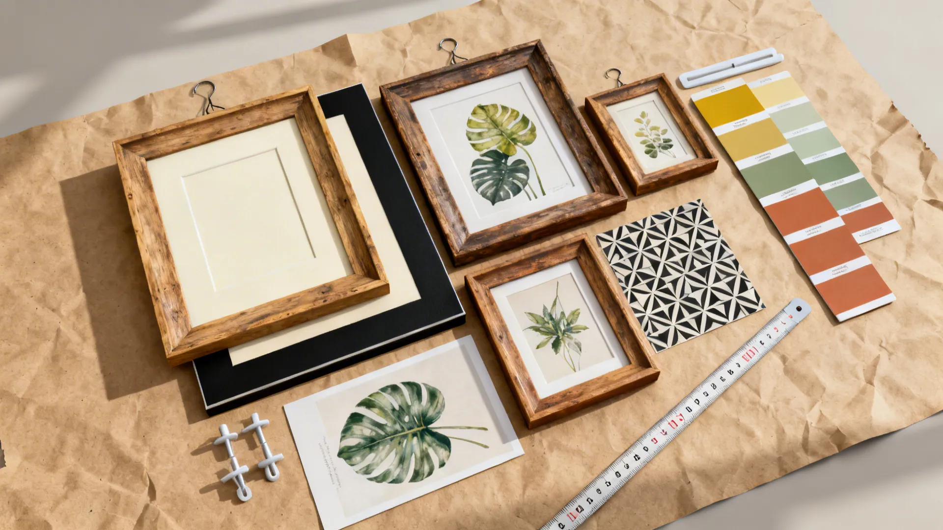 Flatlay of thrifted frames, mat samples, adhesive strips, and measuring tape for budget-friendly art hanging.