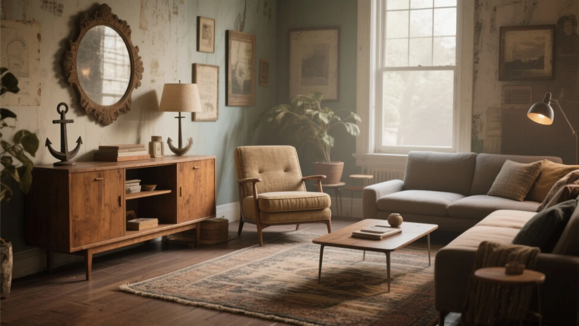 Living room combining thrifted pieces and one new statement item to create a cohesive look.