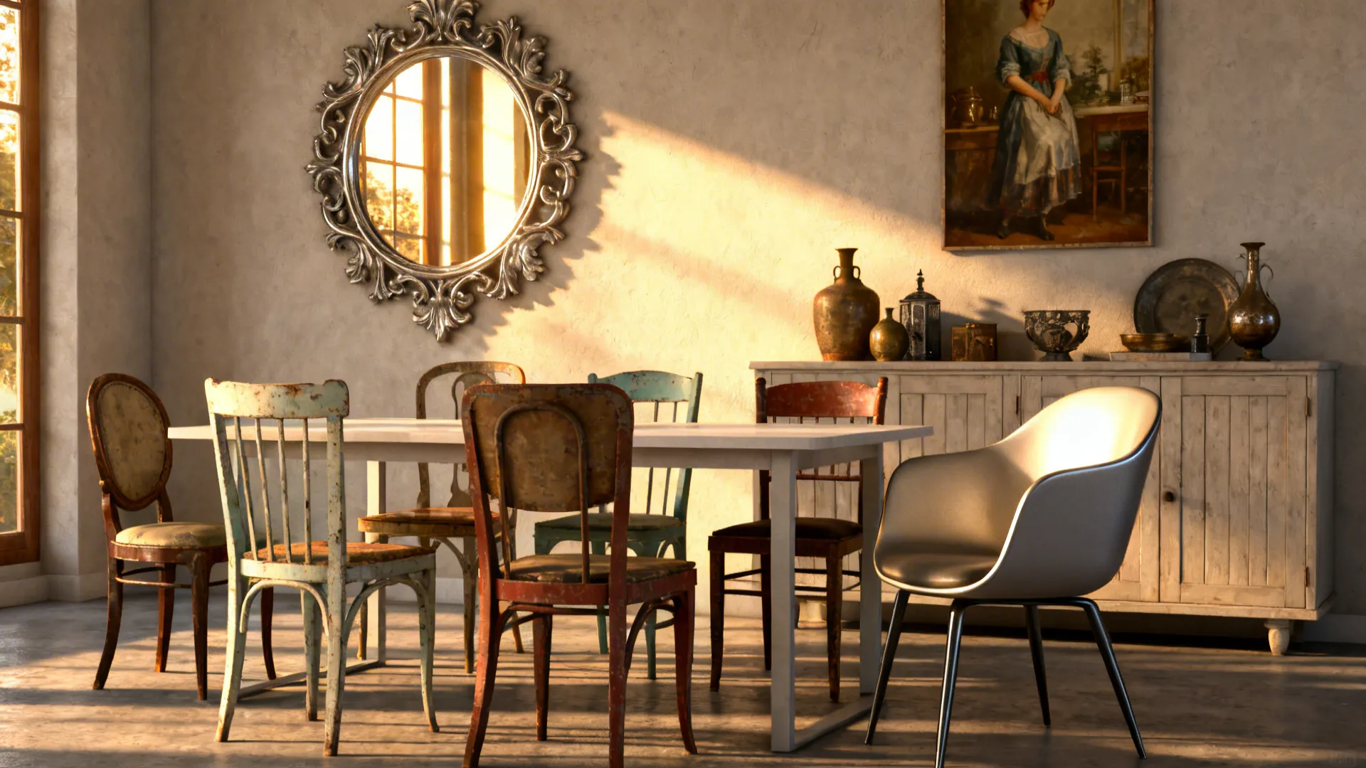 Vintage dining room with white table mixed old chairs cabinet mirror and warm sunset sunlight