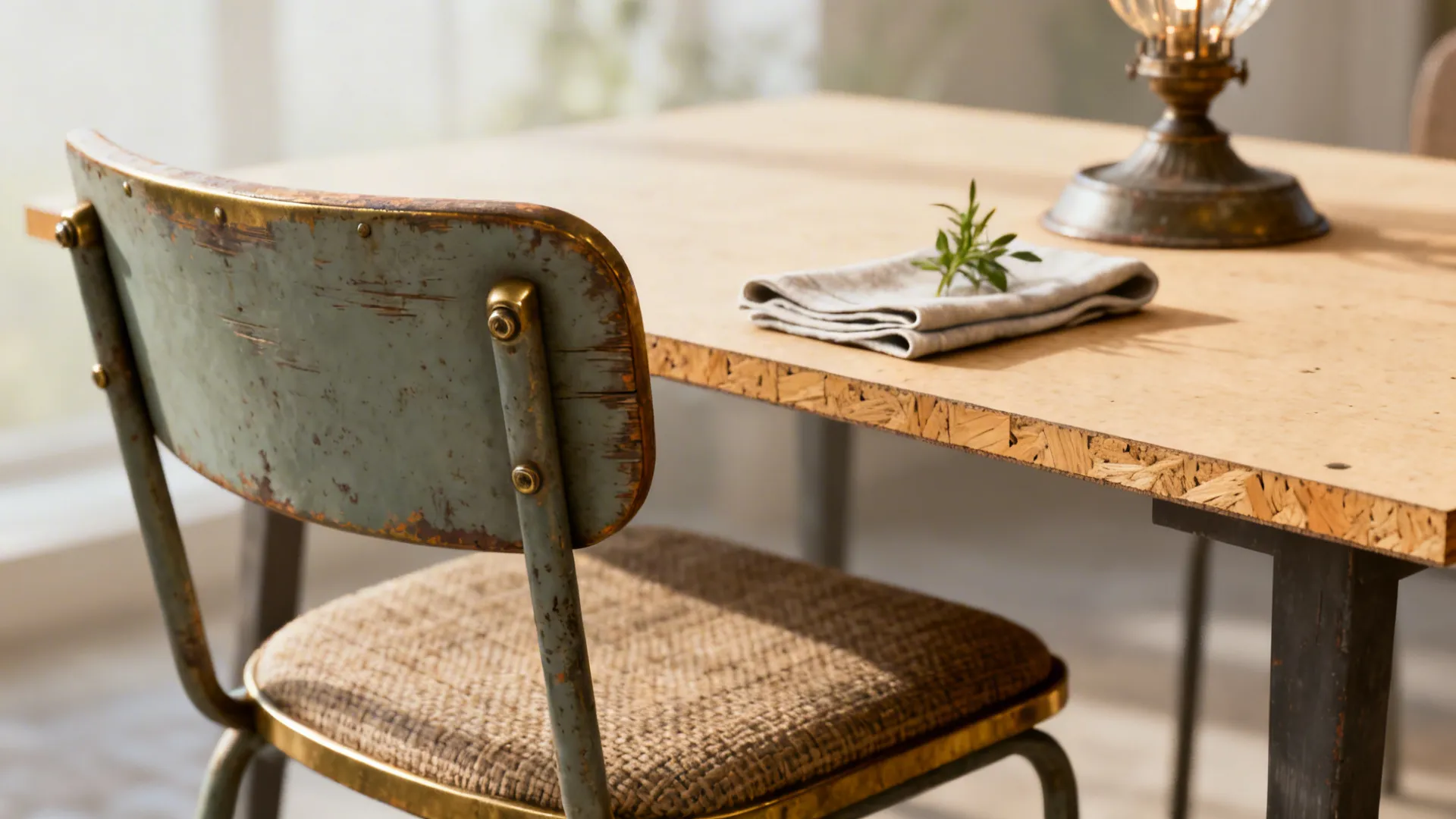 Close-up of a thrifted mid-century chair paired with an affordable plywood table and vintage lighting.