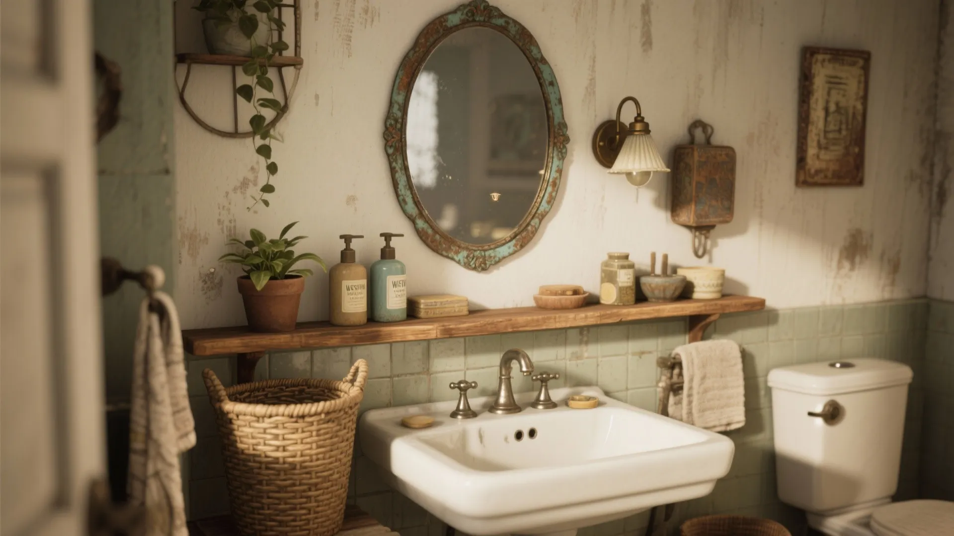 Bathroom sink vignette with a vintage mirror, mismatched accessories and woven basket showcasing thrifted mix-and-match styling.