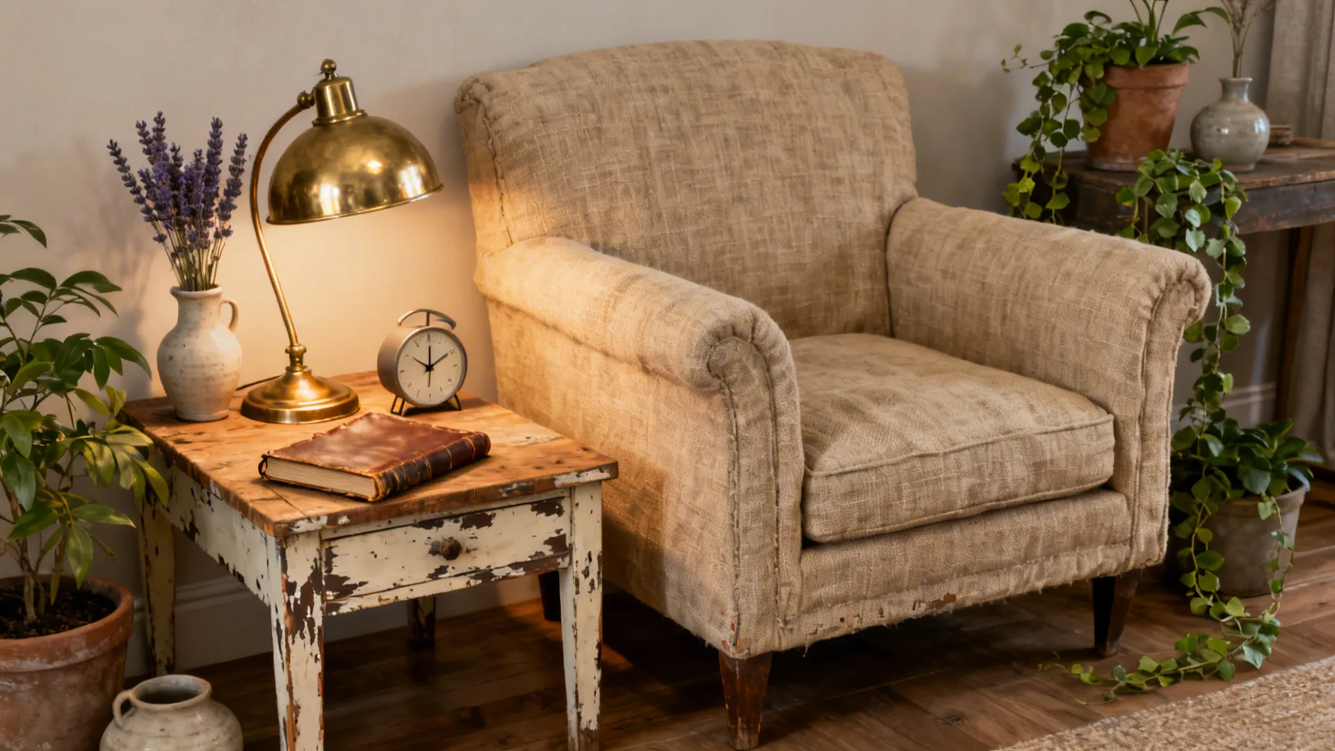Compact living room anchored by a thrifted statement sofa, vintage side table and styling accents.