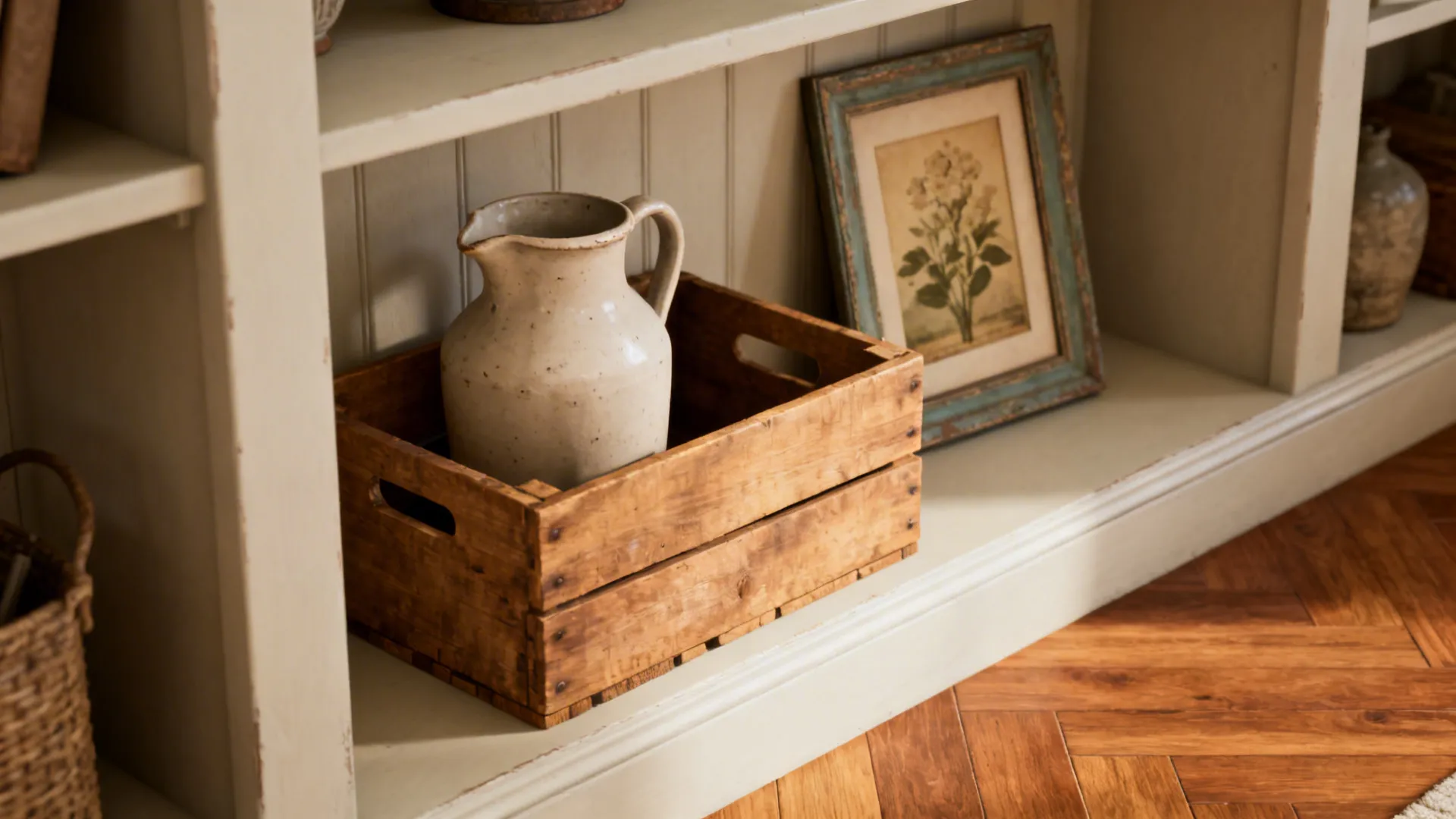 Styled thrifted vignette with wooden crate, ceramic pitcher, and framed print on a shelf