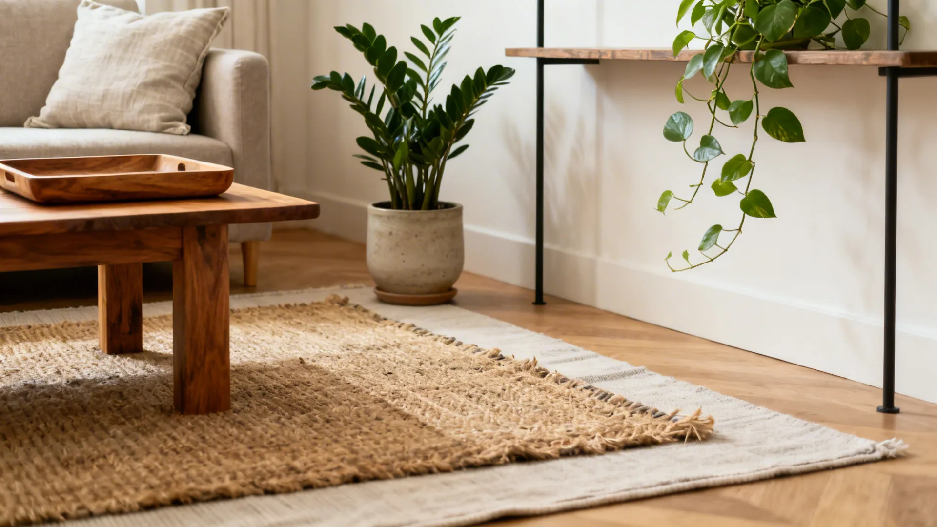 Small living room with layered jute and cotton rugs, wood tray, linen pillow, and houseplants for natural texture.