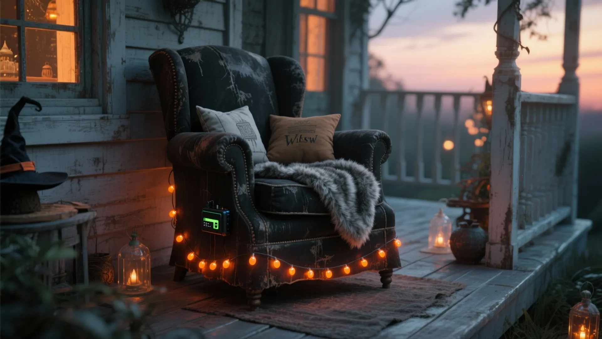 Dark vintage sofa with cushions and orange lights on a porch for Halloween home decor
