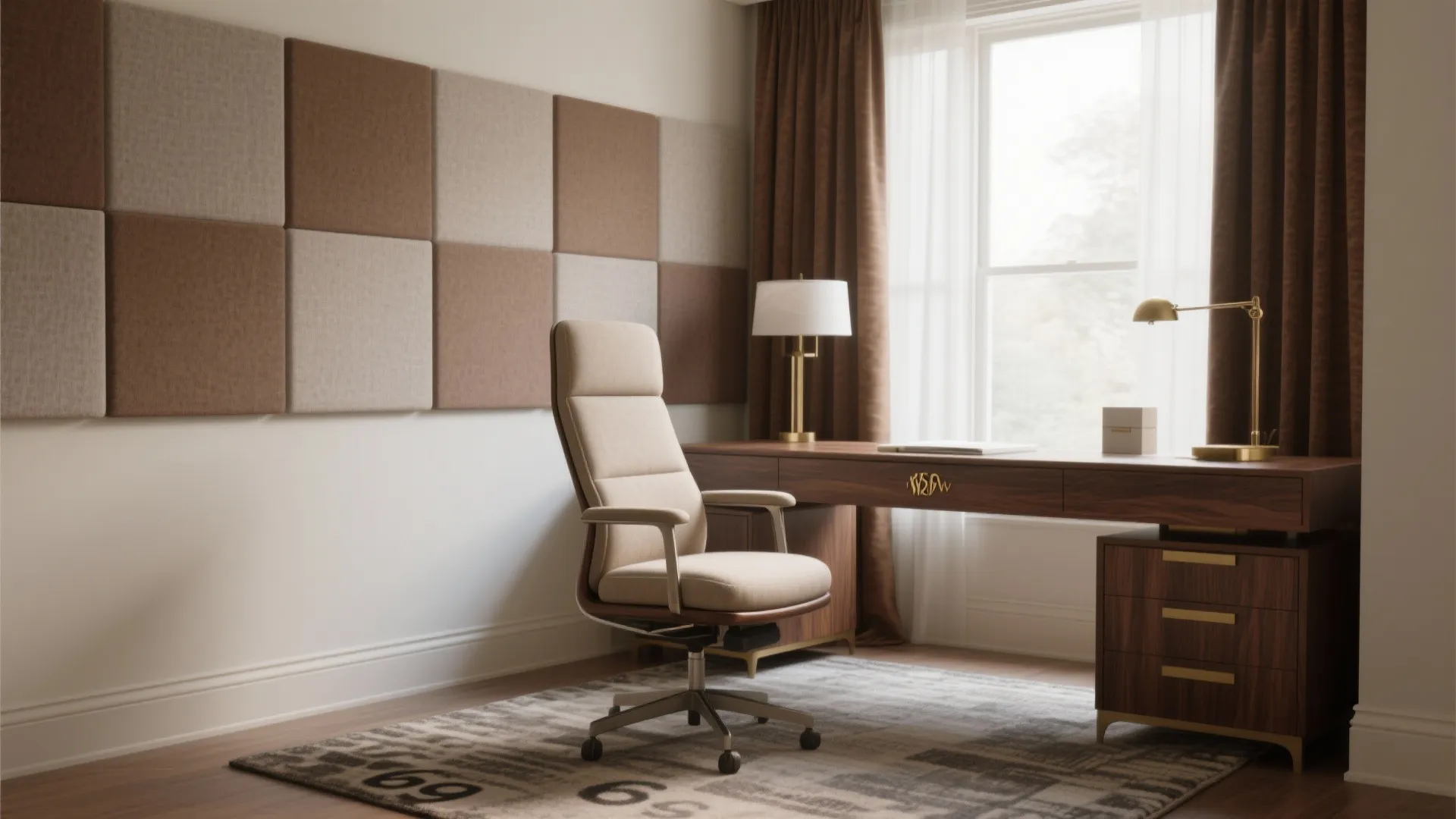 Modern home office with beige swivel chair wooden desk wall panels brown curtains and table lamps