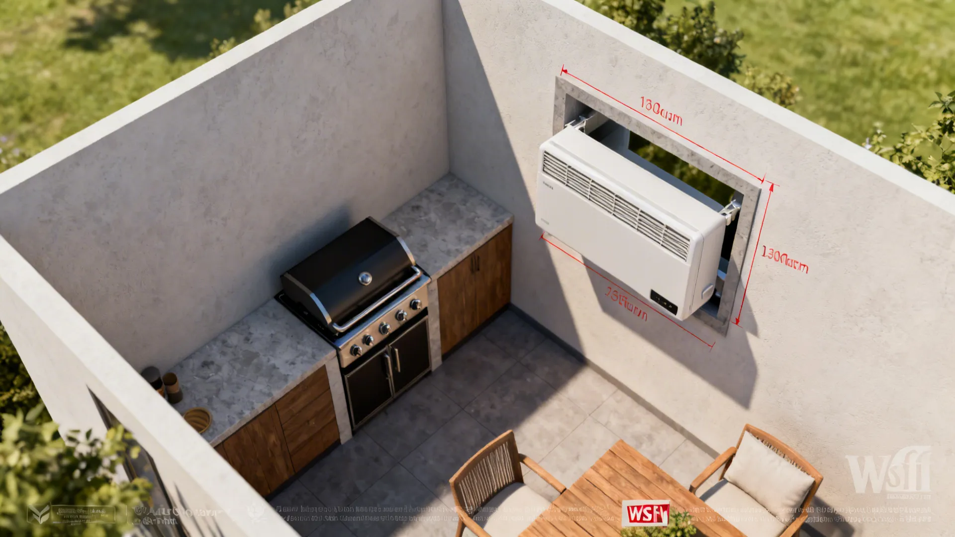 Top-down layout showing through-the-wall AC sleeve, wall cutout, and furniture placement in a small room.