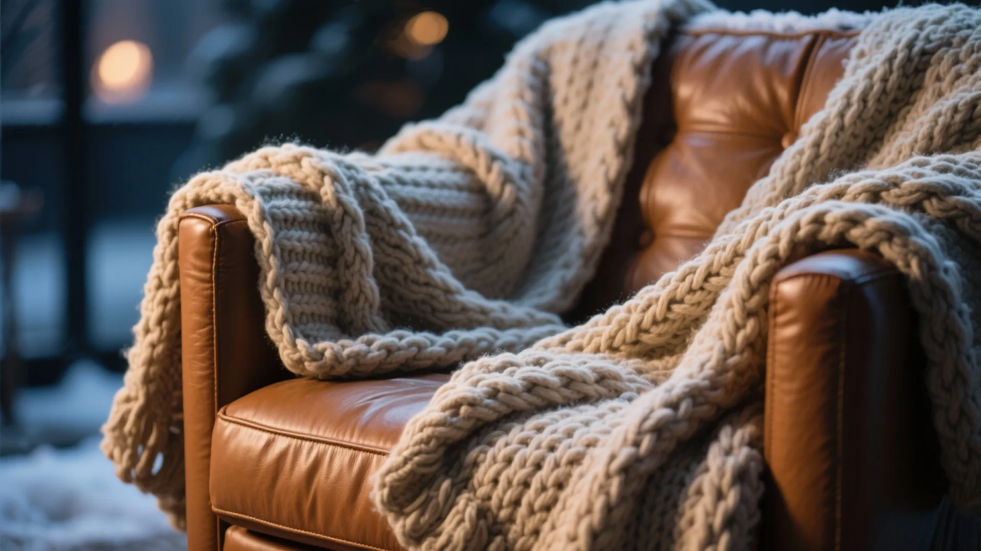 Chunky knit blanket on caramel leather armchair close-up