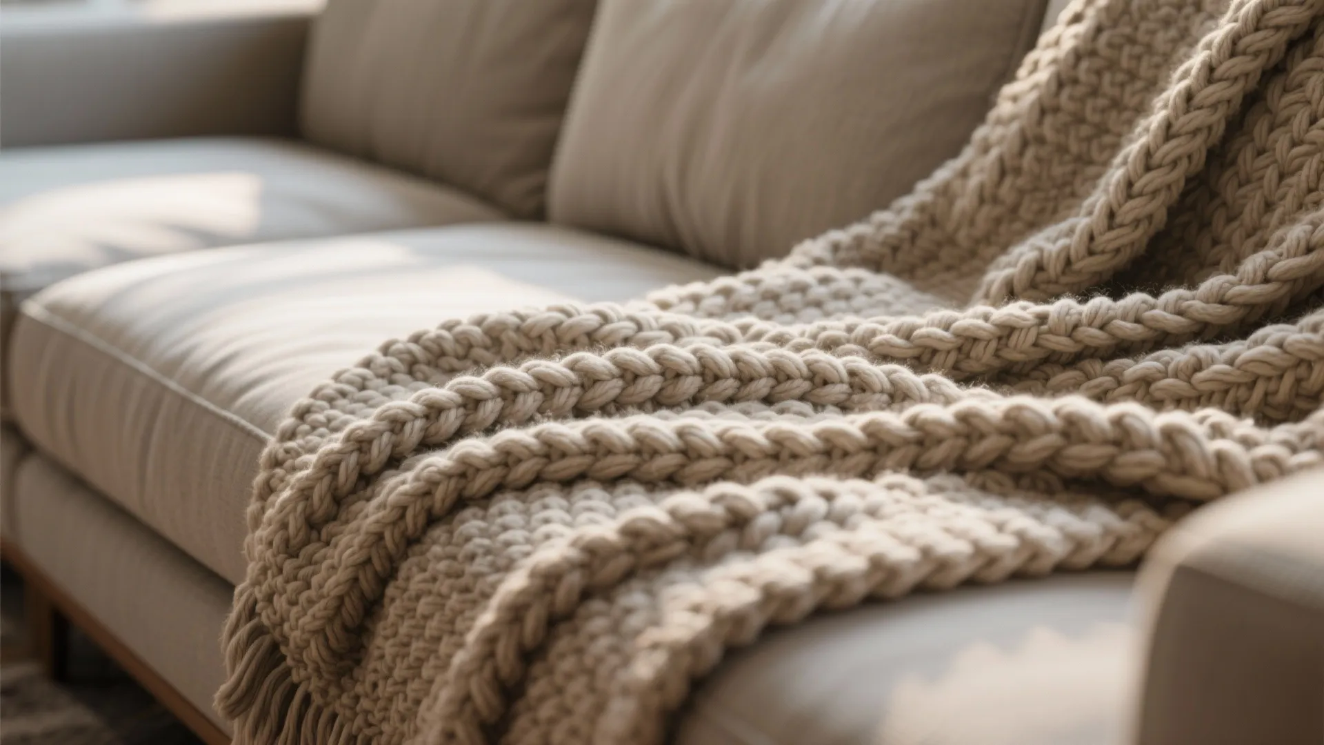 Close up of a thick beige knit blanket draped over a soft fabric modern sofa
