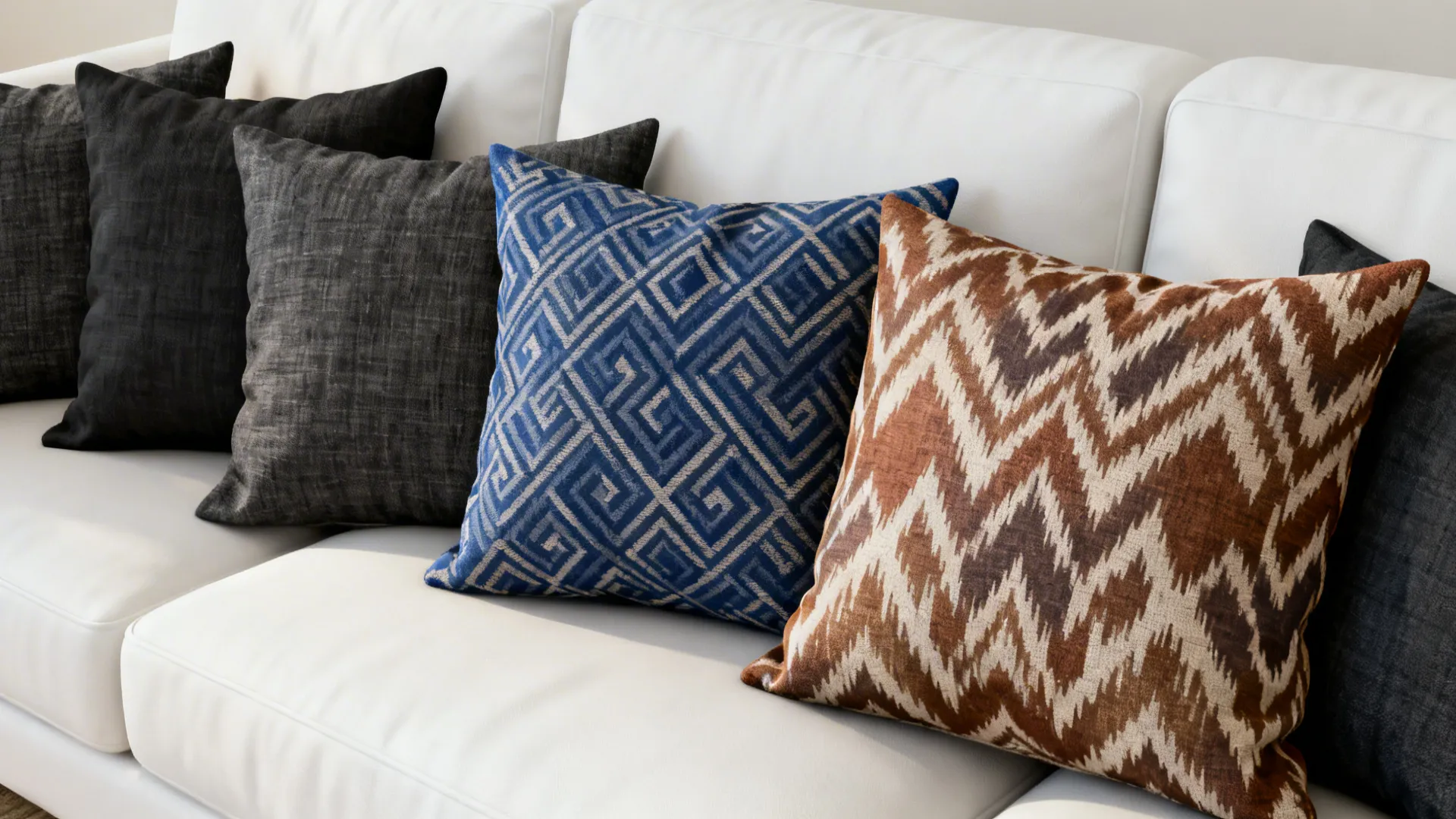 Flatlay of dark and patterned throw pillow covers for a white sofa