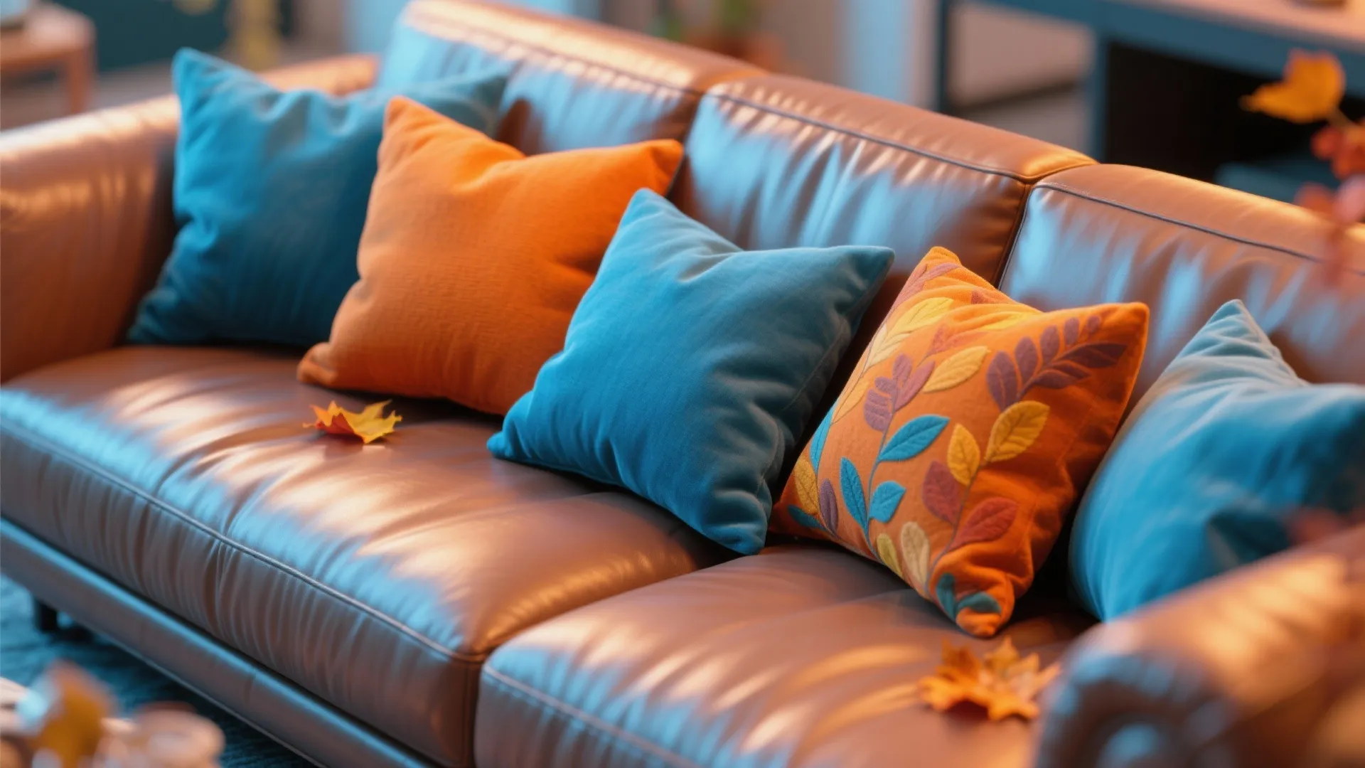 Close up of blue and orange pillows on a brown leather sofa in a bright room