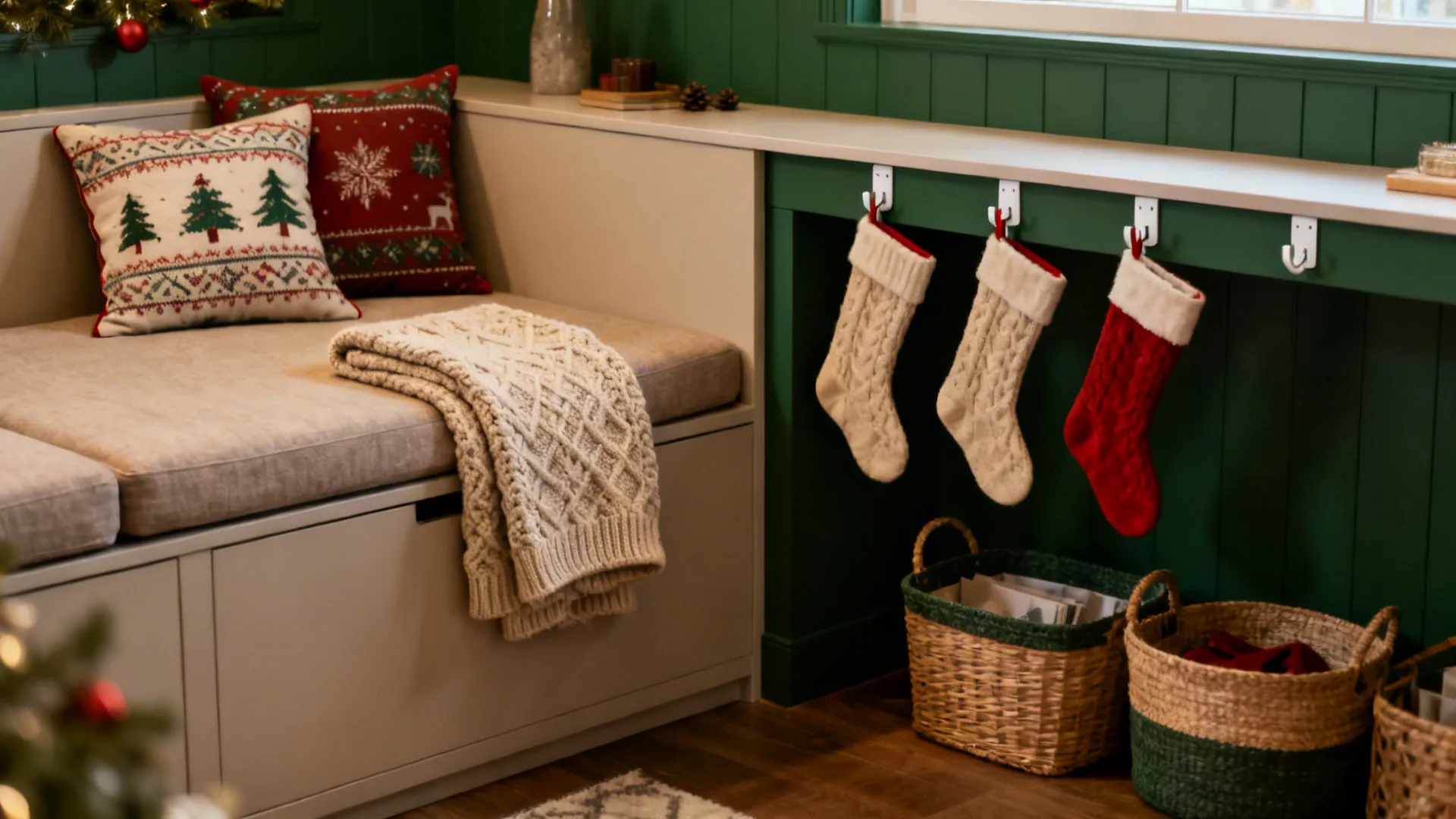 Sofa with festive pillows and throw, stockings hung on hooks over a console