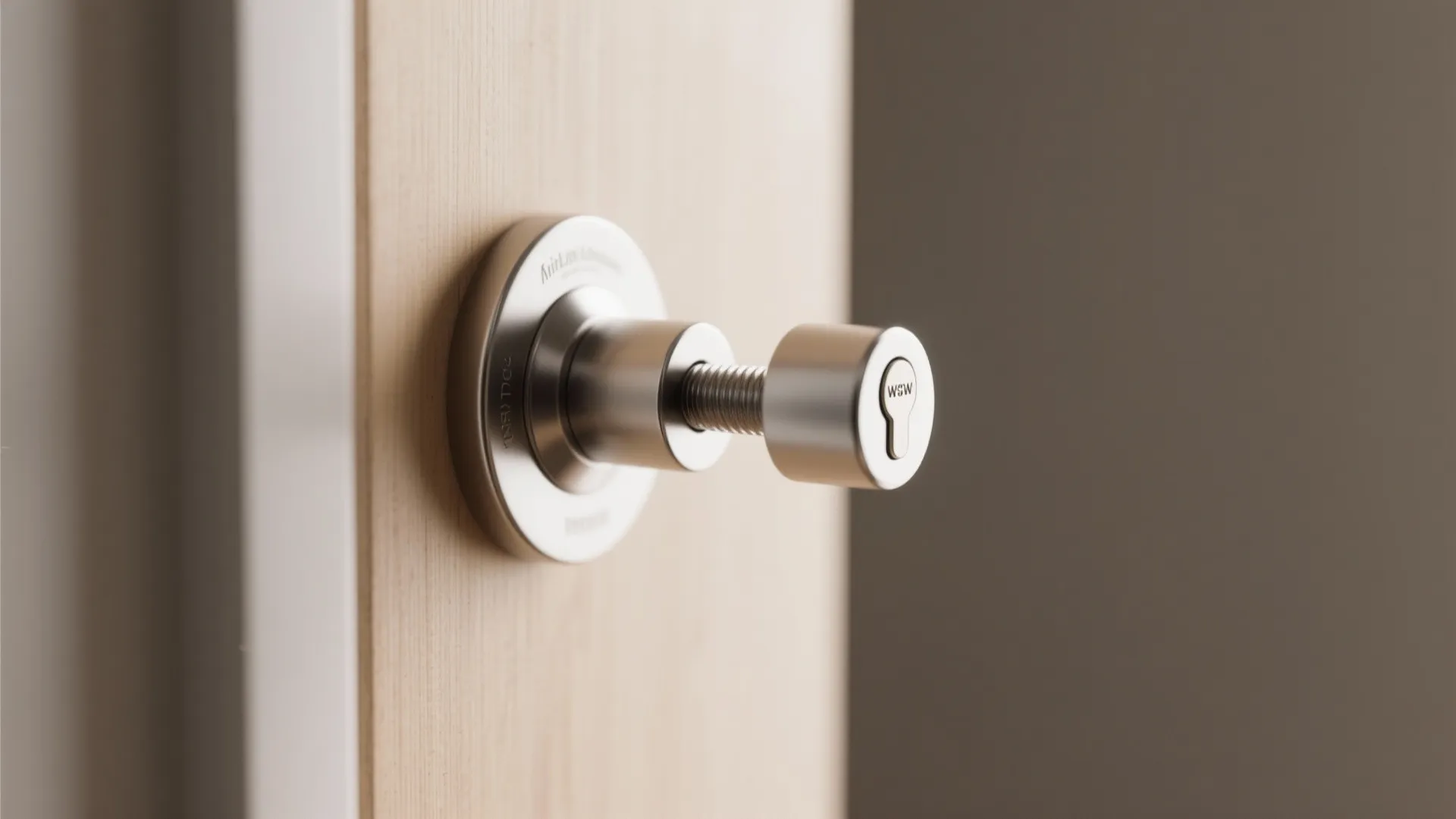 Close up view of a metal door lock and screw installed on a light wood
