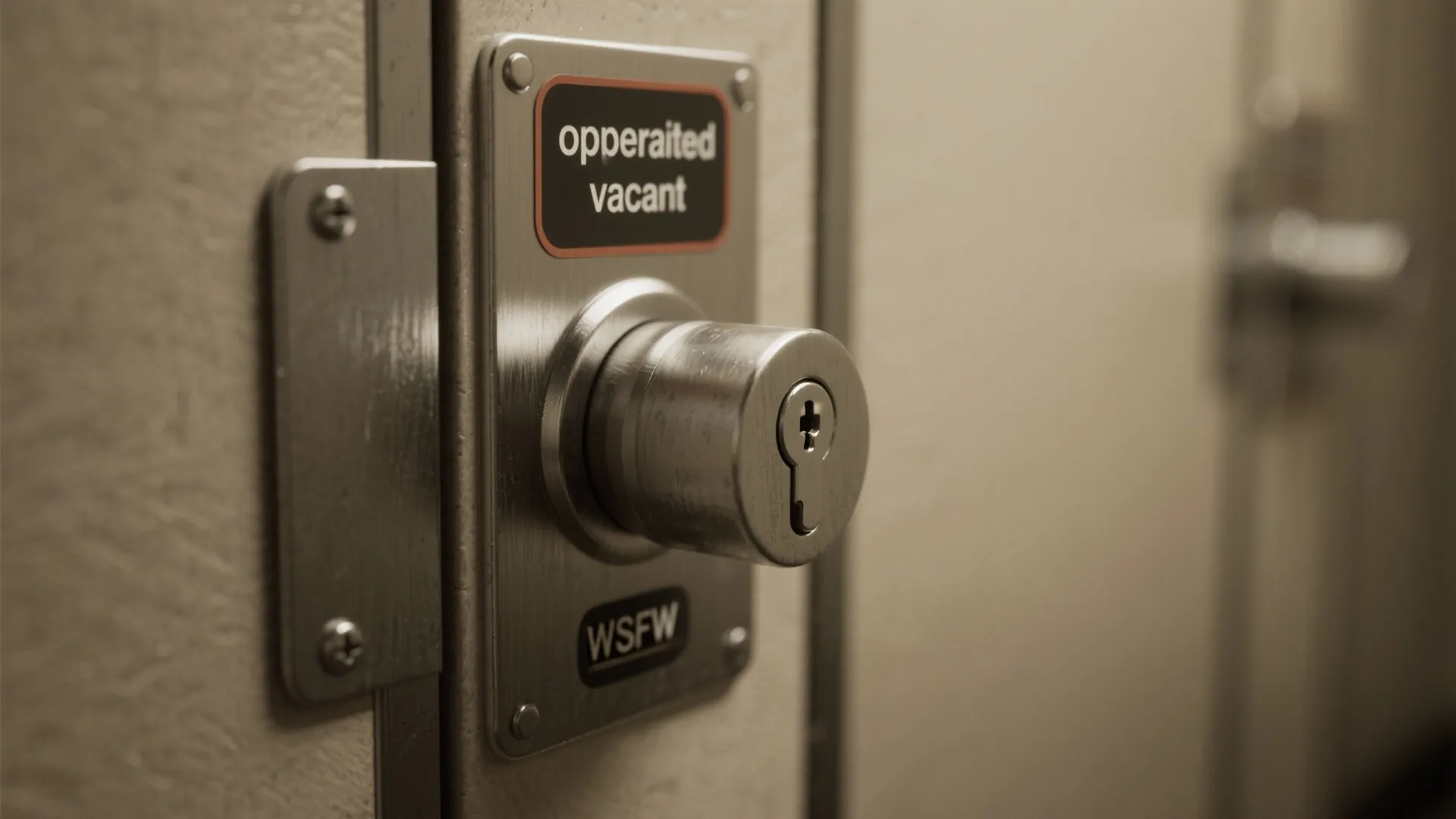 Macro view of a thumb-turn mortise lock on a slim metal privacy plate