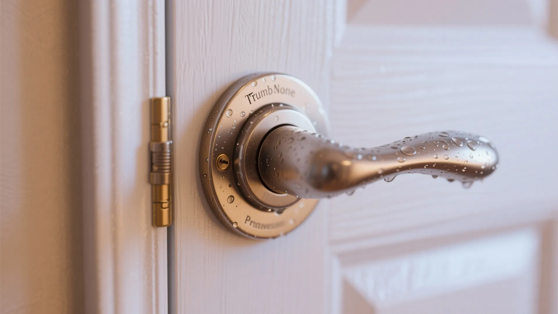 Close-up of a thumb-turn privacy lock on an interior door with textured metal finish