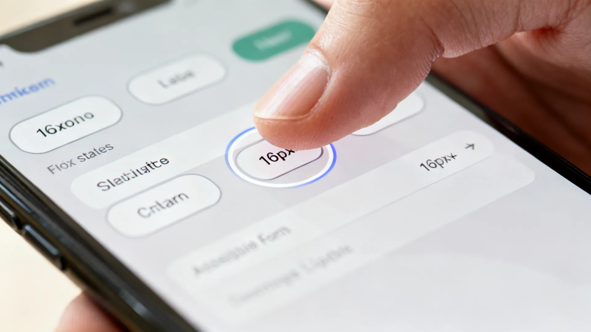 Macro shot of a thumb tapping a high-contrast mobile button with clear focus and labels.