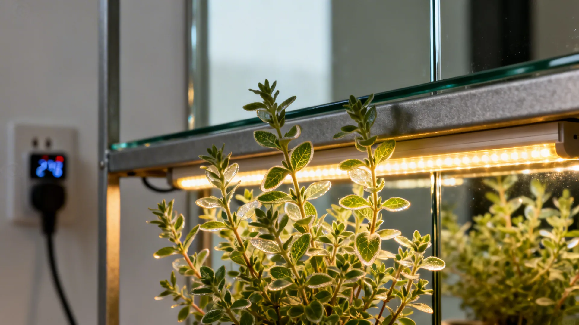 Macro thyme under a slim LED grow strip with soft reflections from a mirror panel.