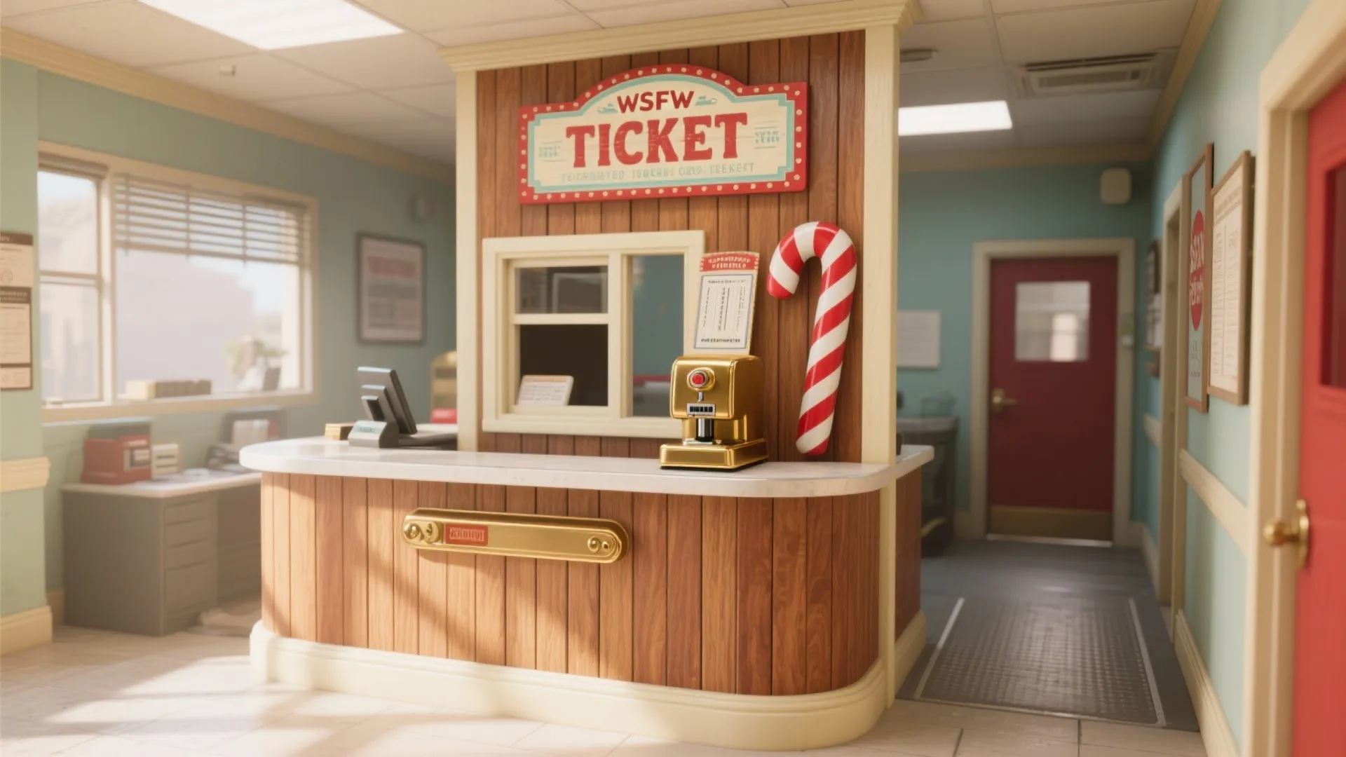 Wooden ticket counter booth with red sign candy cane decoration and office desk in the background