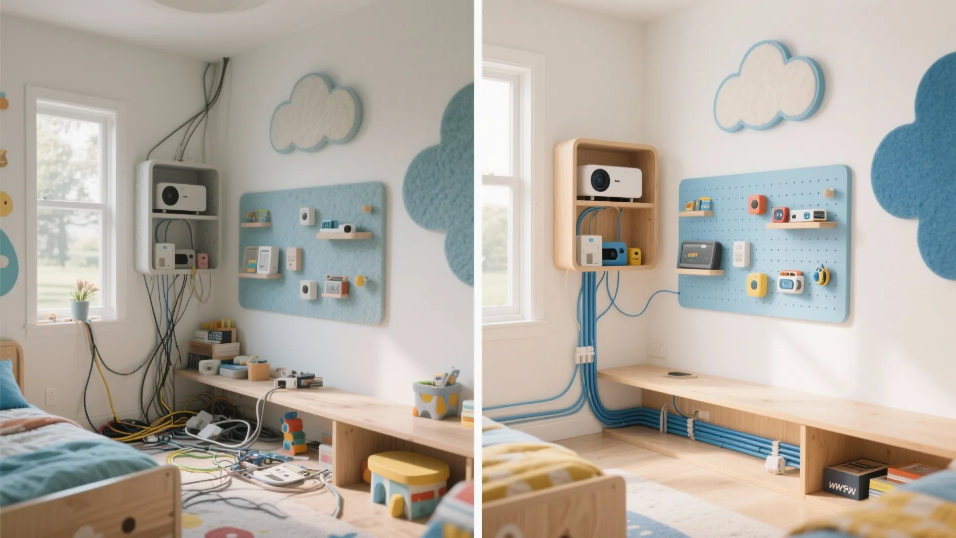 Before and after comparison of messy wires versus organized blue cables in a child room
