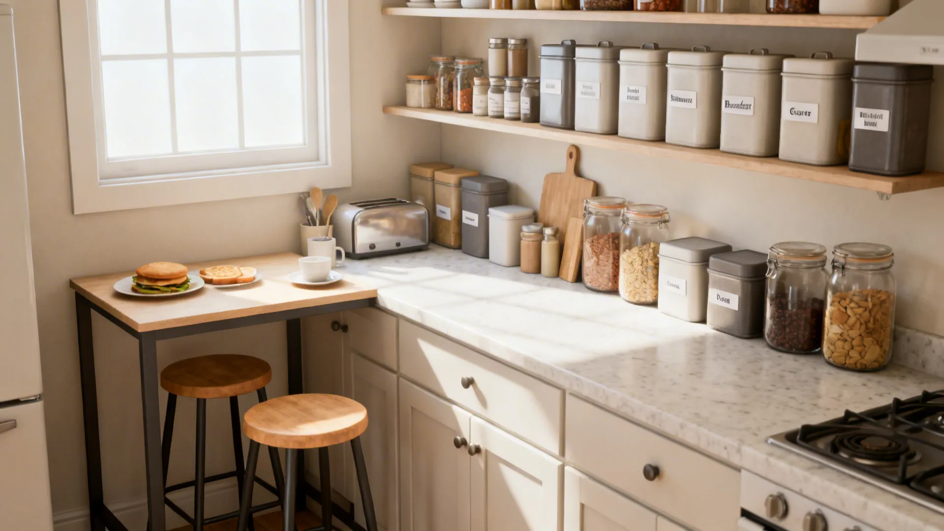 Tidy kitchen vignette with uniform storage containers and a decluttered breakfast corner